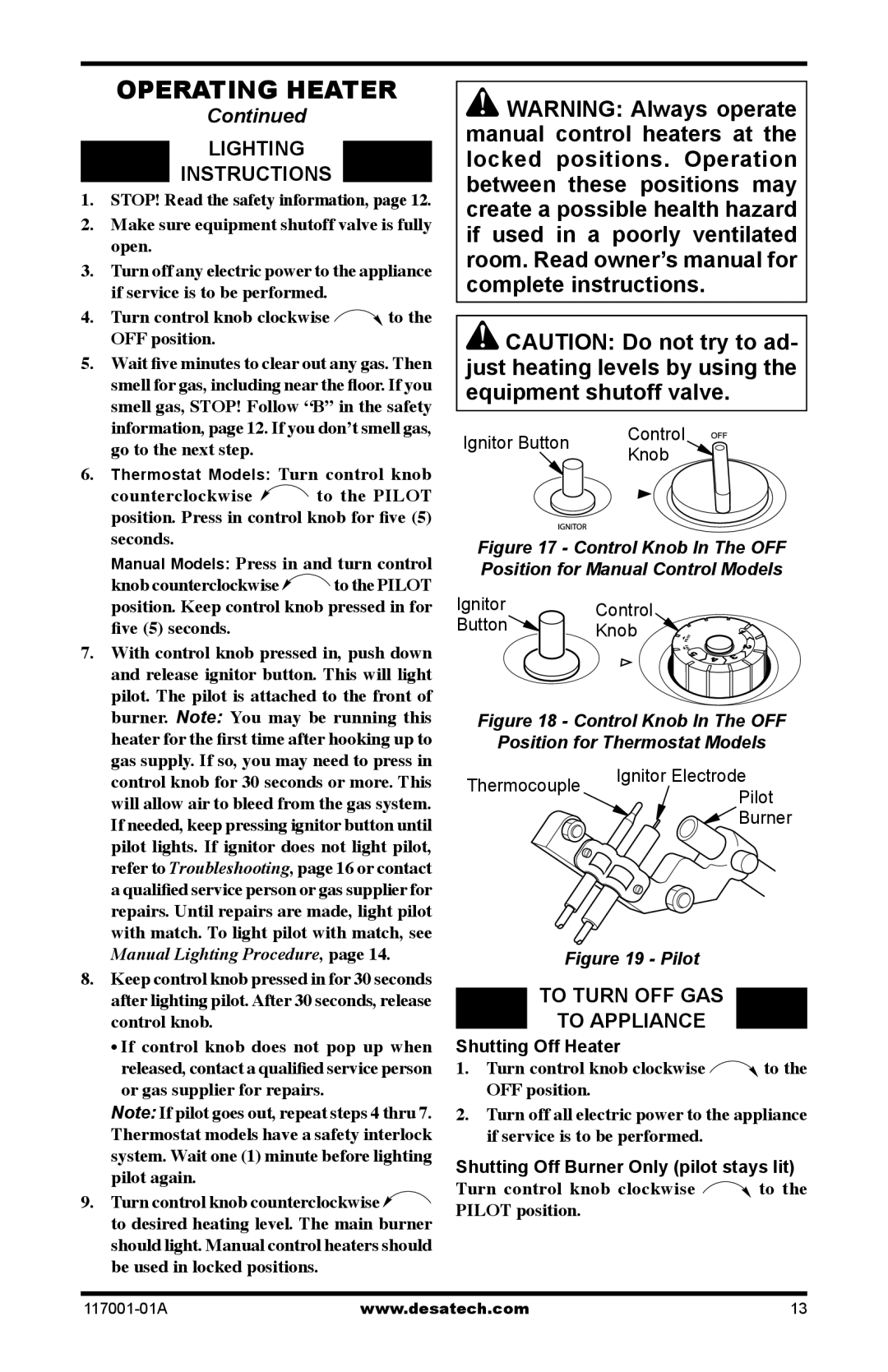 Desa GWP10 GWN10T installation manual Lighting Instructions, Ignitor Button Control Knob 