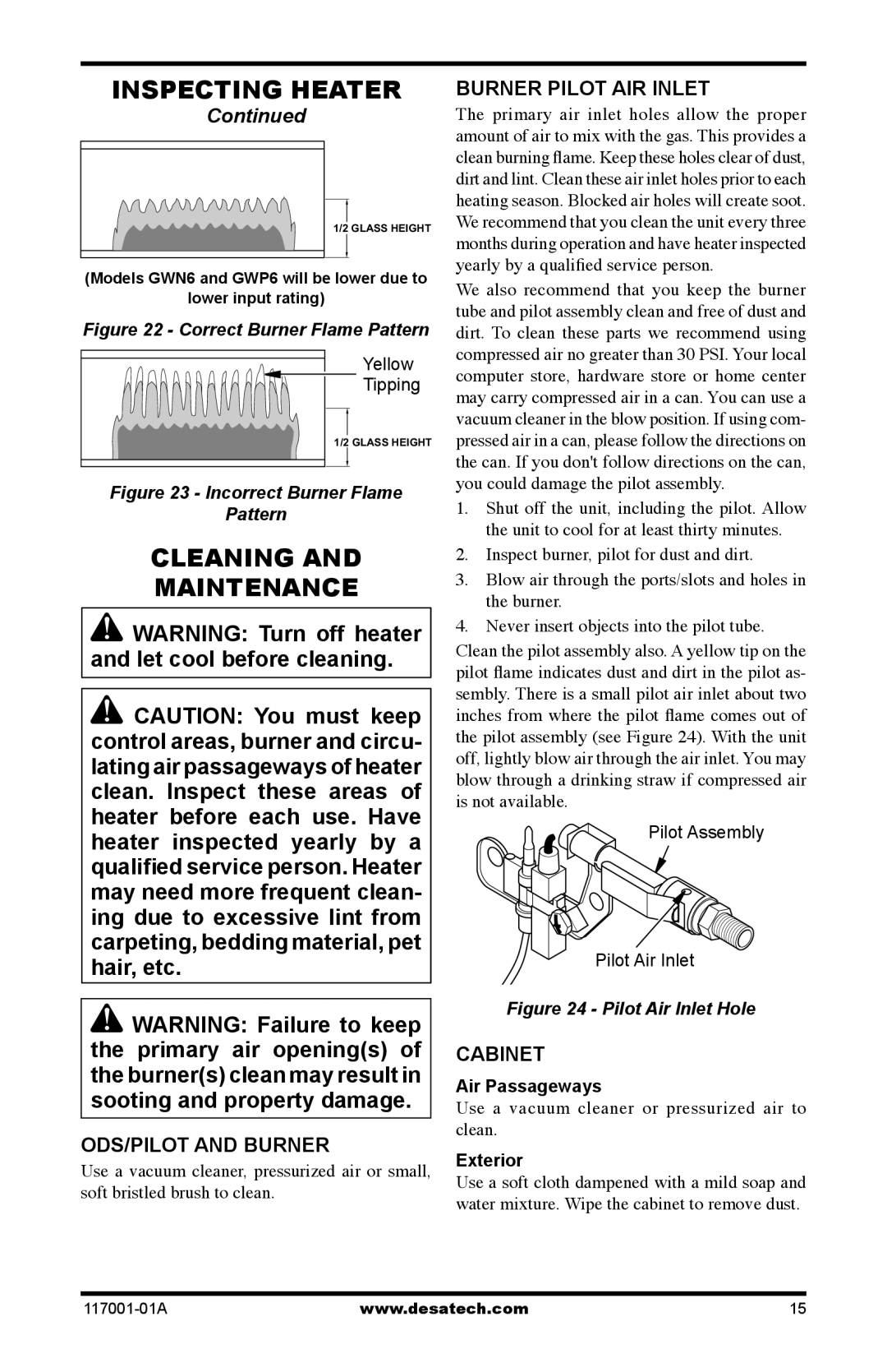 Desa GWP10 GWN10T installation manual Cleaning Maintenance, ODS/PILOT and Burner, Burner Pilot AIR Inlet, Cabinet 