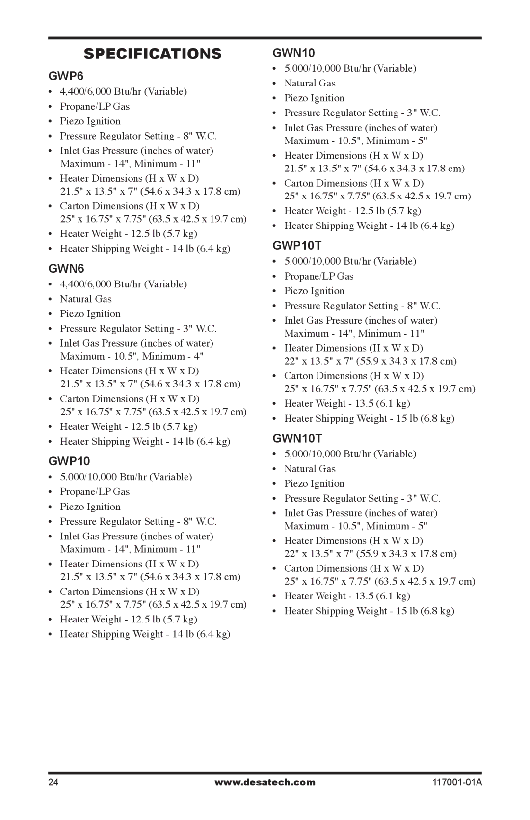 Desa GWP10 GWN10T installation manual Specifications 