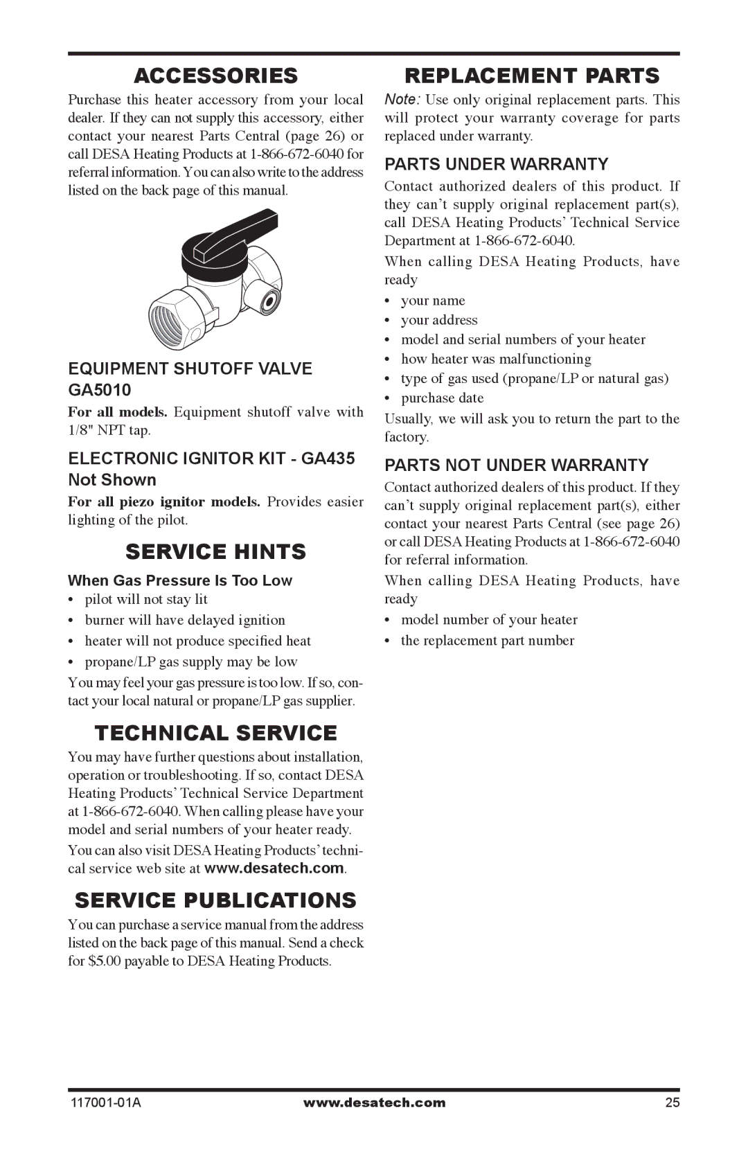 Desa GWP10 GWN10T installation manual Accessories, Service Hints, Technical Service, Service Publications Replacement Parts 