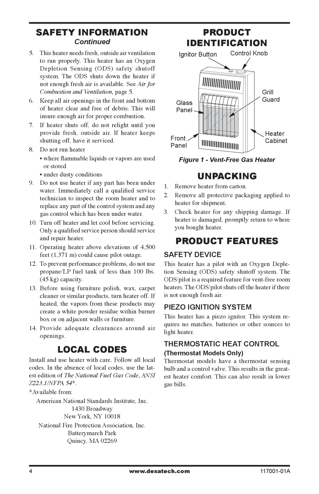 Desa GWP10 GWN10T installation manual Local Codes, Product Identification, Unpacking, Product Features 