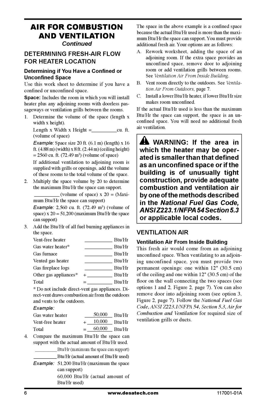 Desa GWP10 GWN10T Determining FRESH-AIR Flow for Heater Location, Ventilation AIR, Ventilation Air From Inside Building 