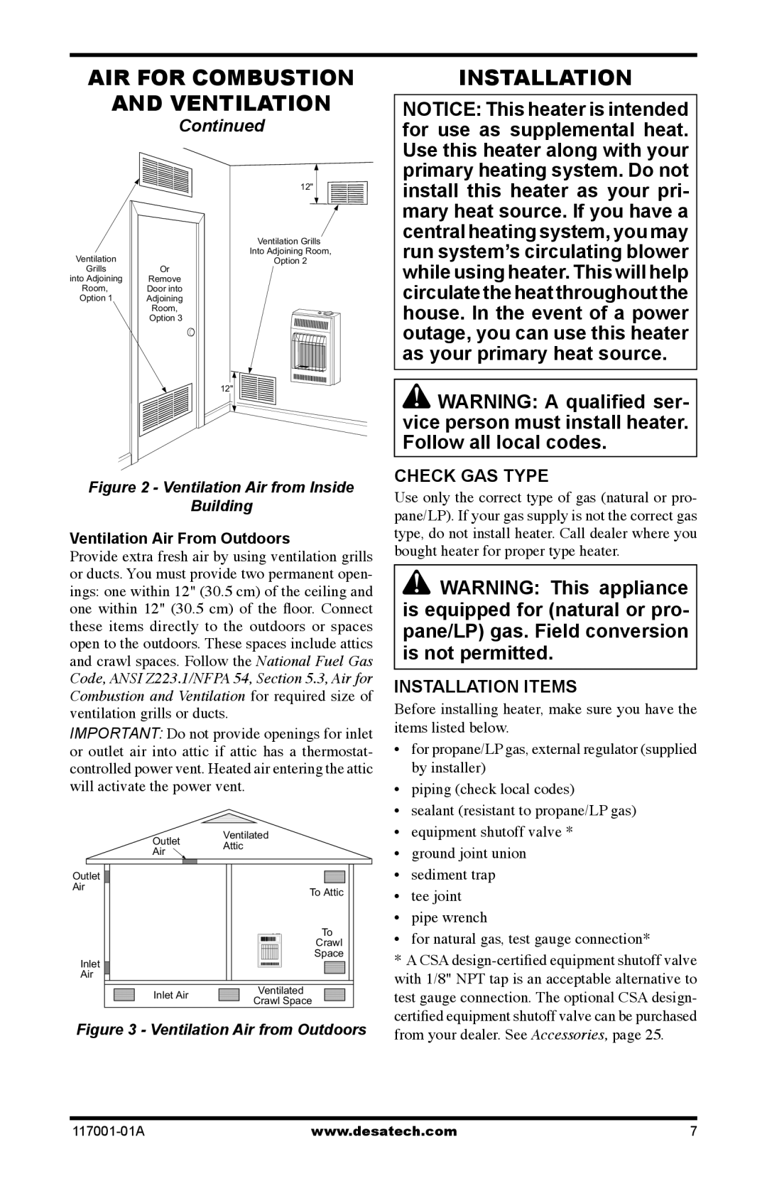 Desa GWP10 GWN10T installation manual AIR for Combustion Ventilation Installation, Check GAS Type, Installation Items 