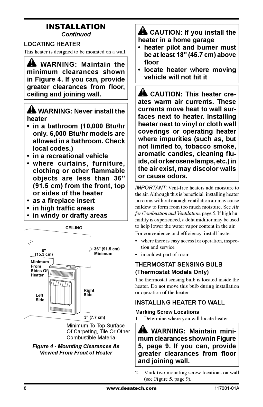 Desa GWP10 GWN10T installation manual Locating Heater, Installing Heater to Wall, Marking Screw Locations 