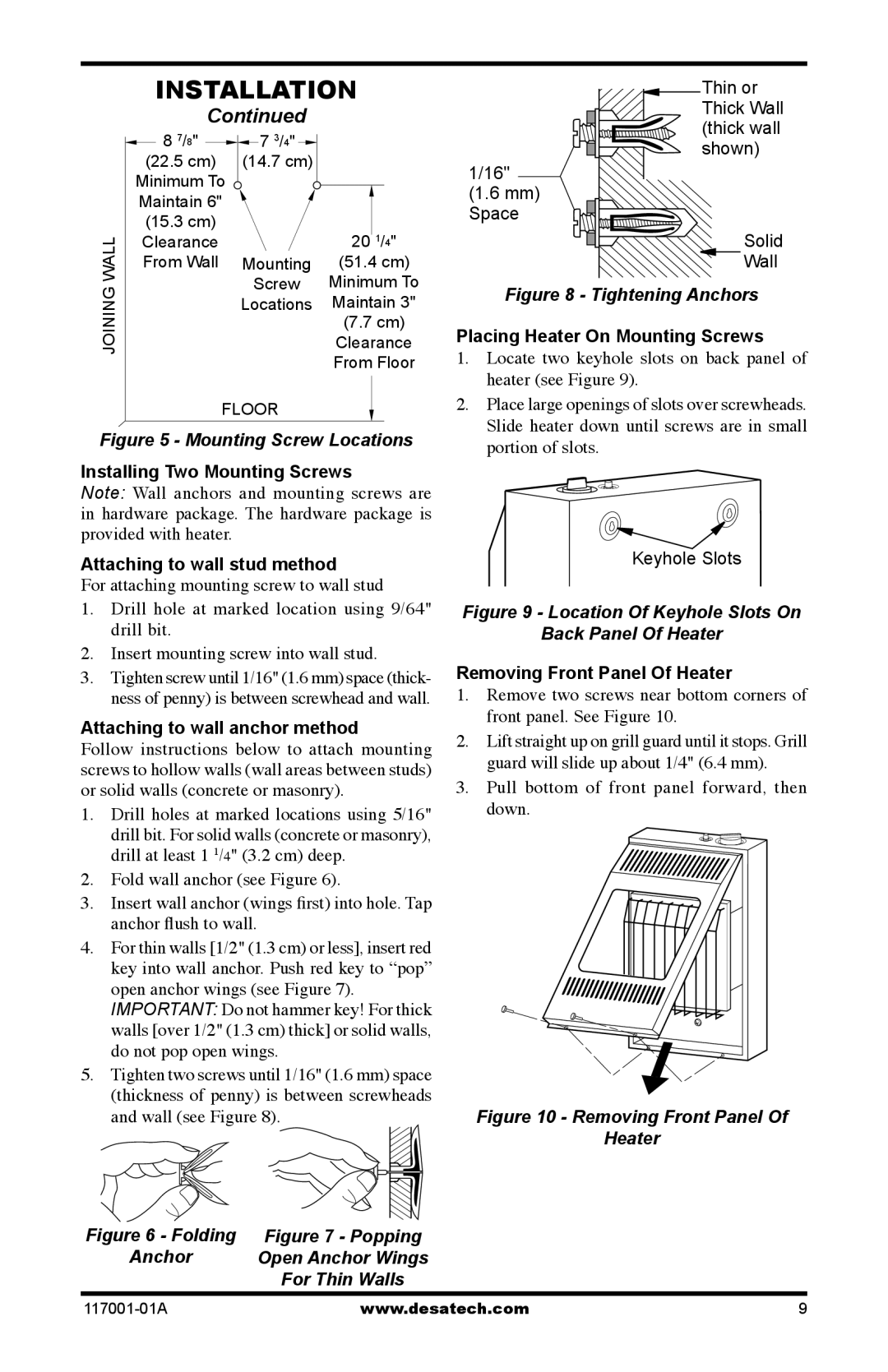 Desa GWP10 GWN10T Placing Heater On Mounting Screws, Attaching to wall anchor method, Removing Front Panel Of Heater 