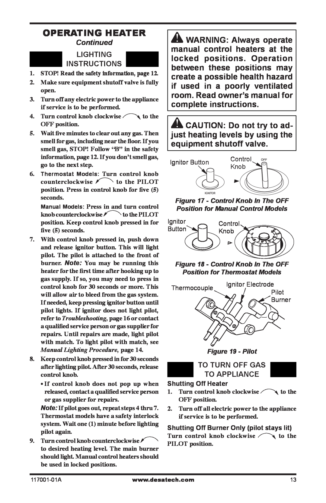 Desa GWP10 GWN10T Continued, Lighting Instructions, create a possible health hazard, room. Read owner’s manual for, Knob 