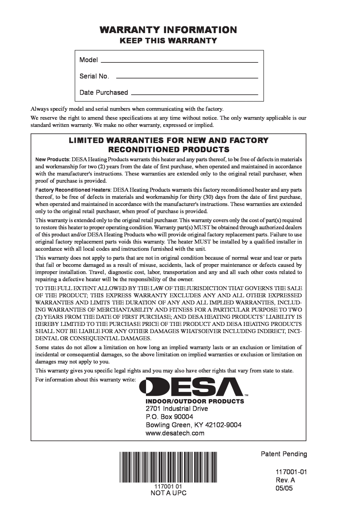 Desa GWP10 GWN10T Warranty Information, Keep This Warranty, Limited Warranties For New And Factory Reconditioned Products 