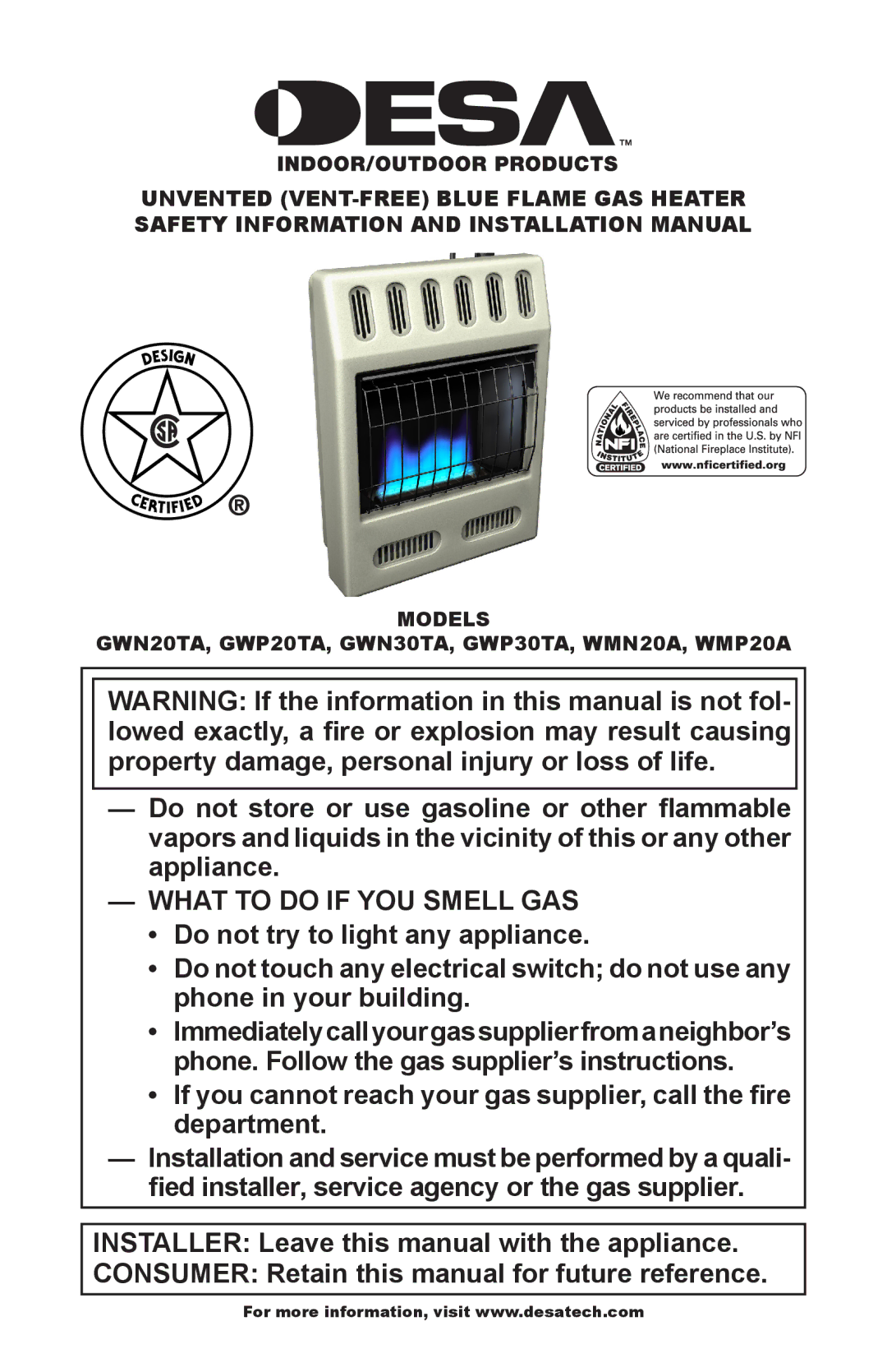 Desa WMP20A installation manual What to do if YOU Smell GAS, Models GWN20TA, GWP20TA, GWN30TA, GWP30TA, WMN20a, WMP20a 