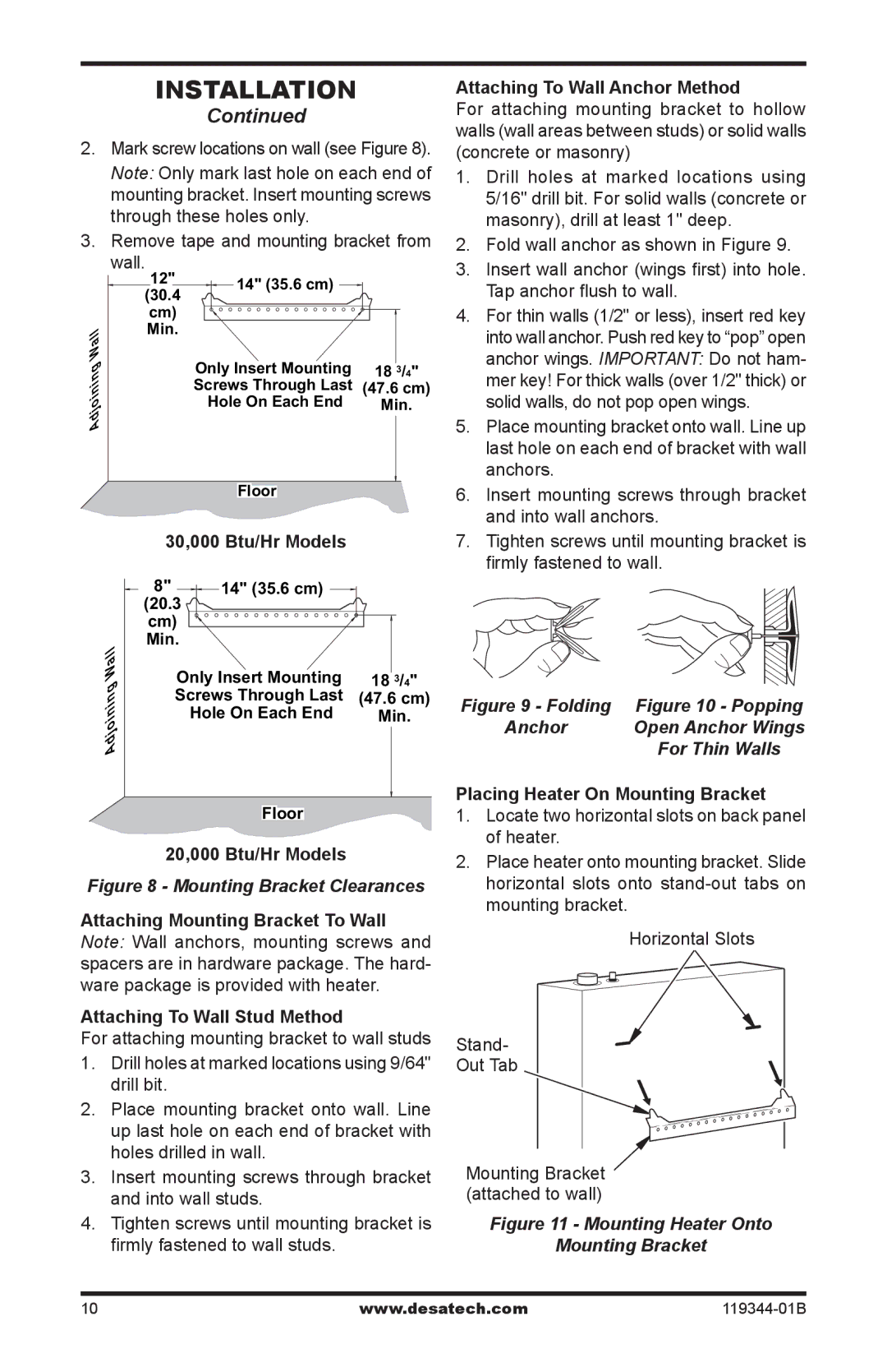 Desa WMP20A 30,000 Btu/Hr Models, 20,000 Btu/Hr Models, Attaching To Wall Stud Method, Attaching To Wall Anchor Method 