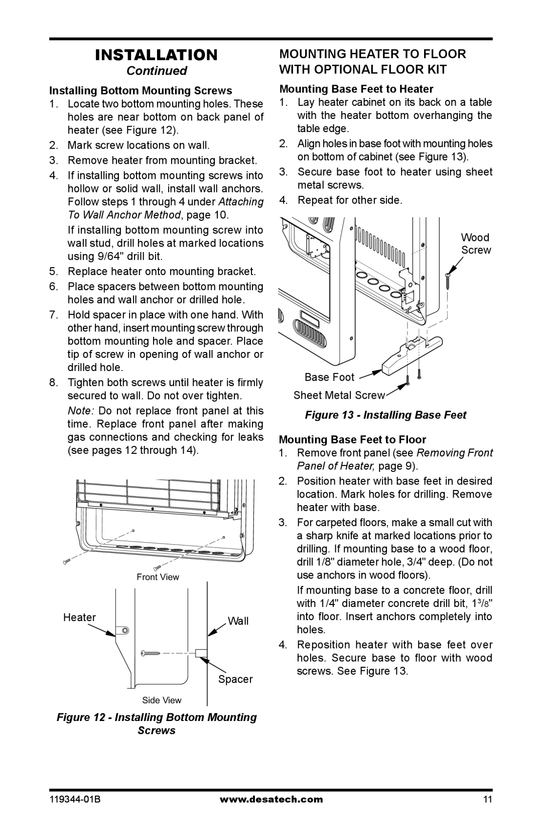 Desa WMN20A, GWP20TA Mounting heater to floor With optional floor kit, Installing Bottom Mounting Screws, Heater Wall 