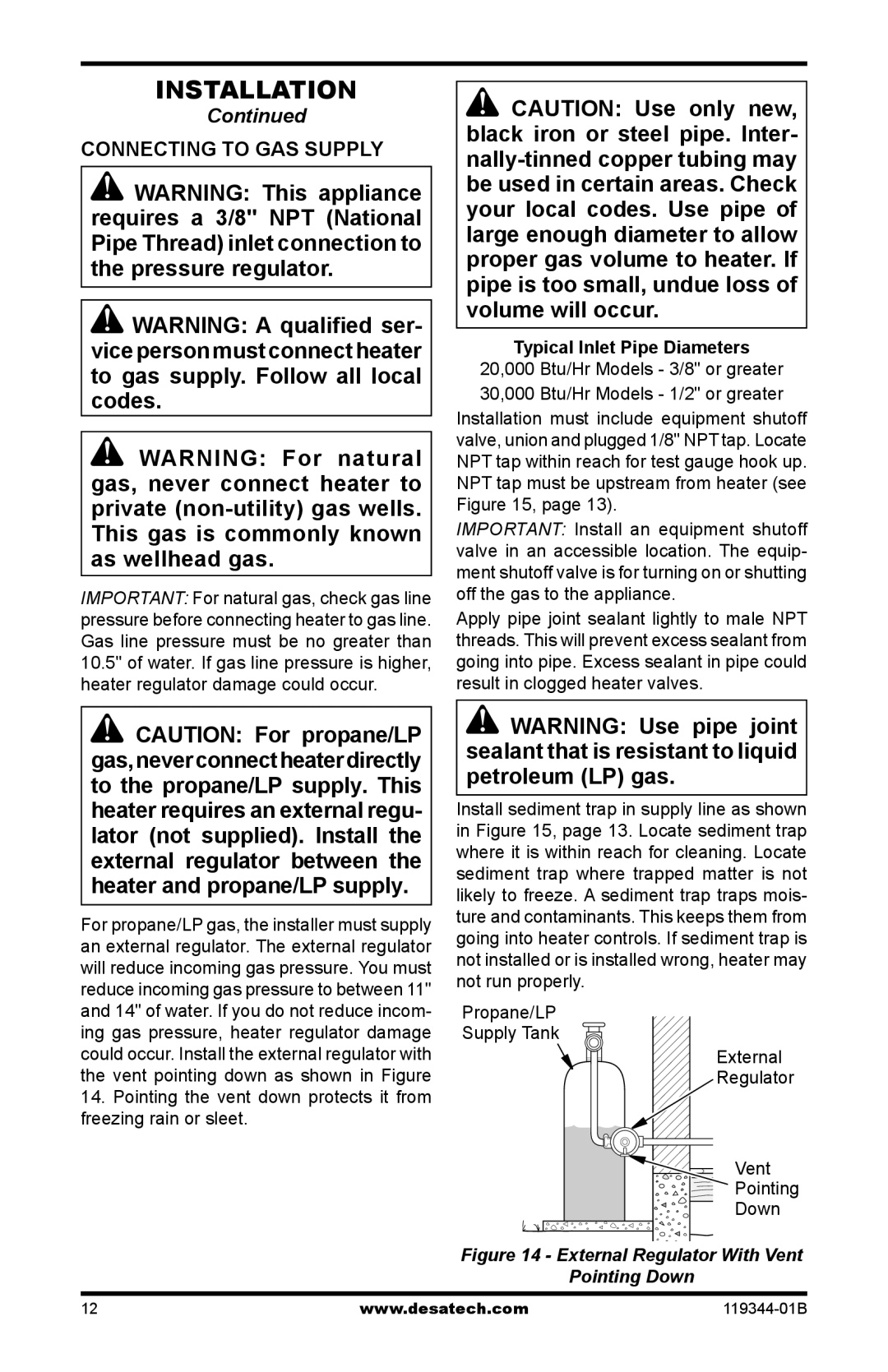 Desa GWP20TA, GWP30TA, GWN30TA, GWN20TA, WMP20A, WMN20A Connecting to GAS Supply, Typical Inlet Pipe Diameters 