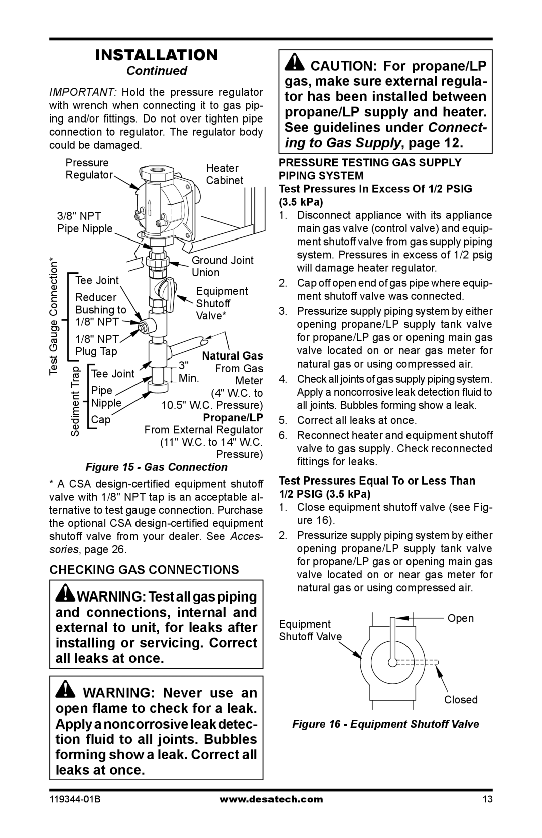 Desa GWP30TA, GWP20TA, GWN30TA, GWN20TA Checking GAS Connections, Test Pressures Equal To or Less Than 1/2 Psig 3.5 kPa 