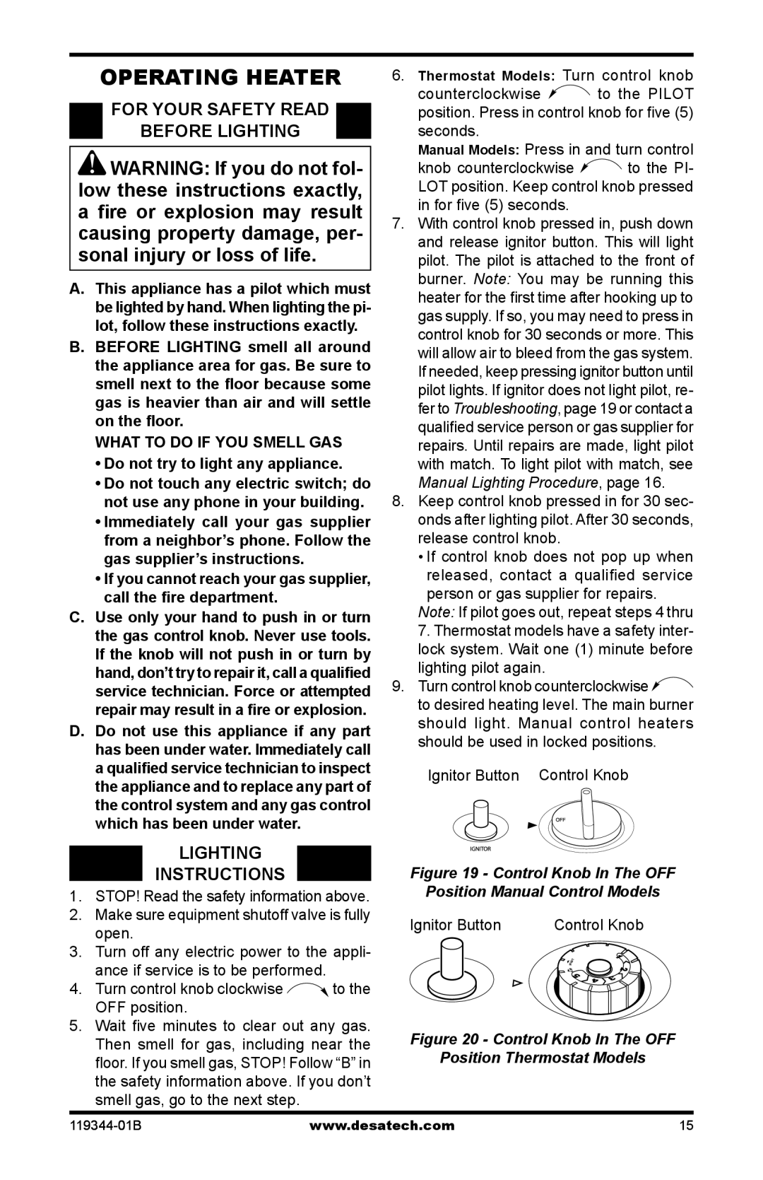 Desa GWN20TA Operating Heater, For Your Safety Read Before Lighting, Lighting Instructions, Ignitor Button Control Knob 