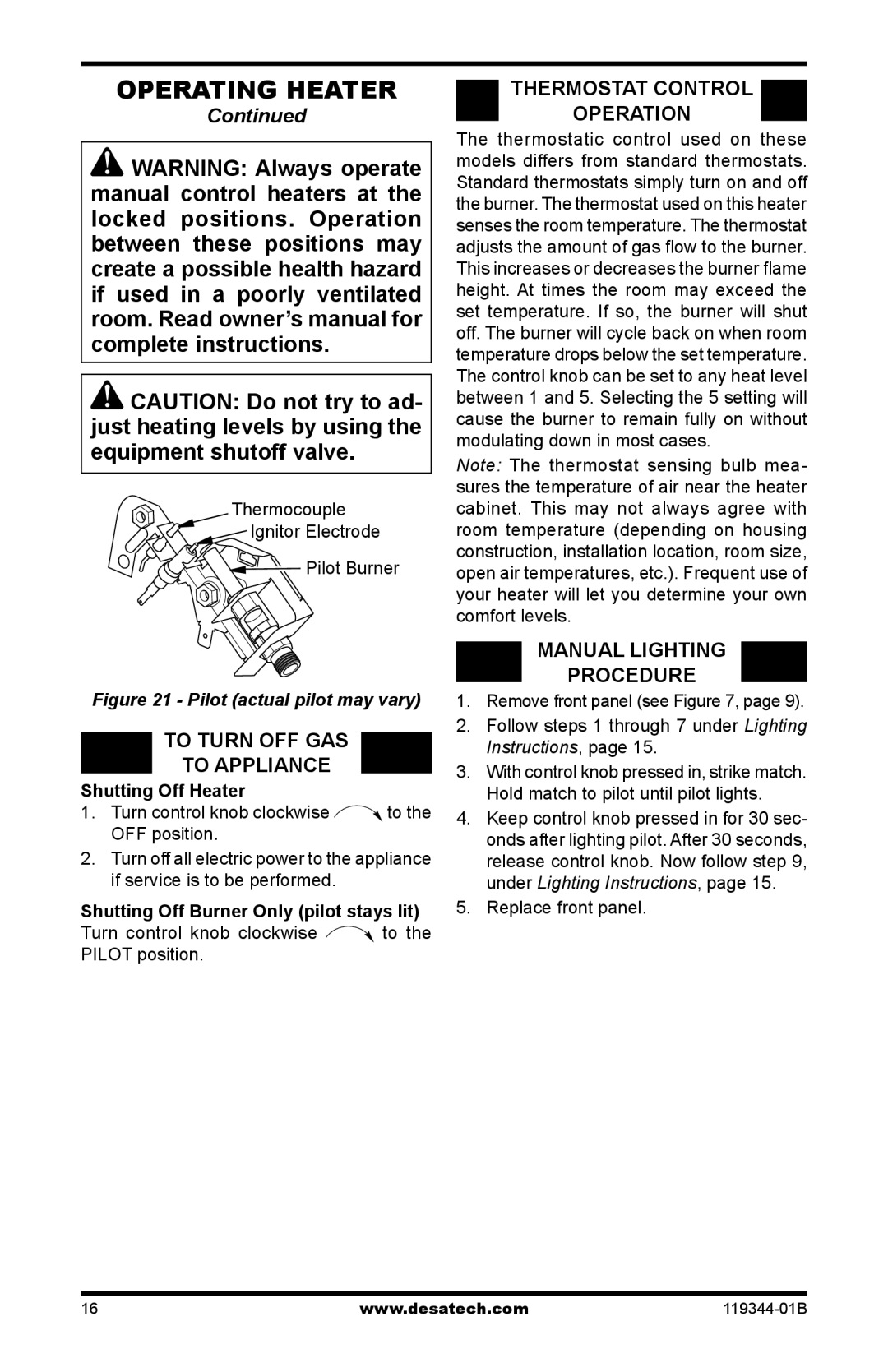Desa WMP20A Operating Heater, To Turn OFF GAS To Appliance, Thermostat Control Operation, Manual Lighting Procedure 