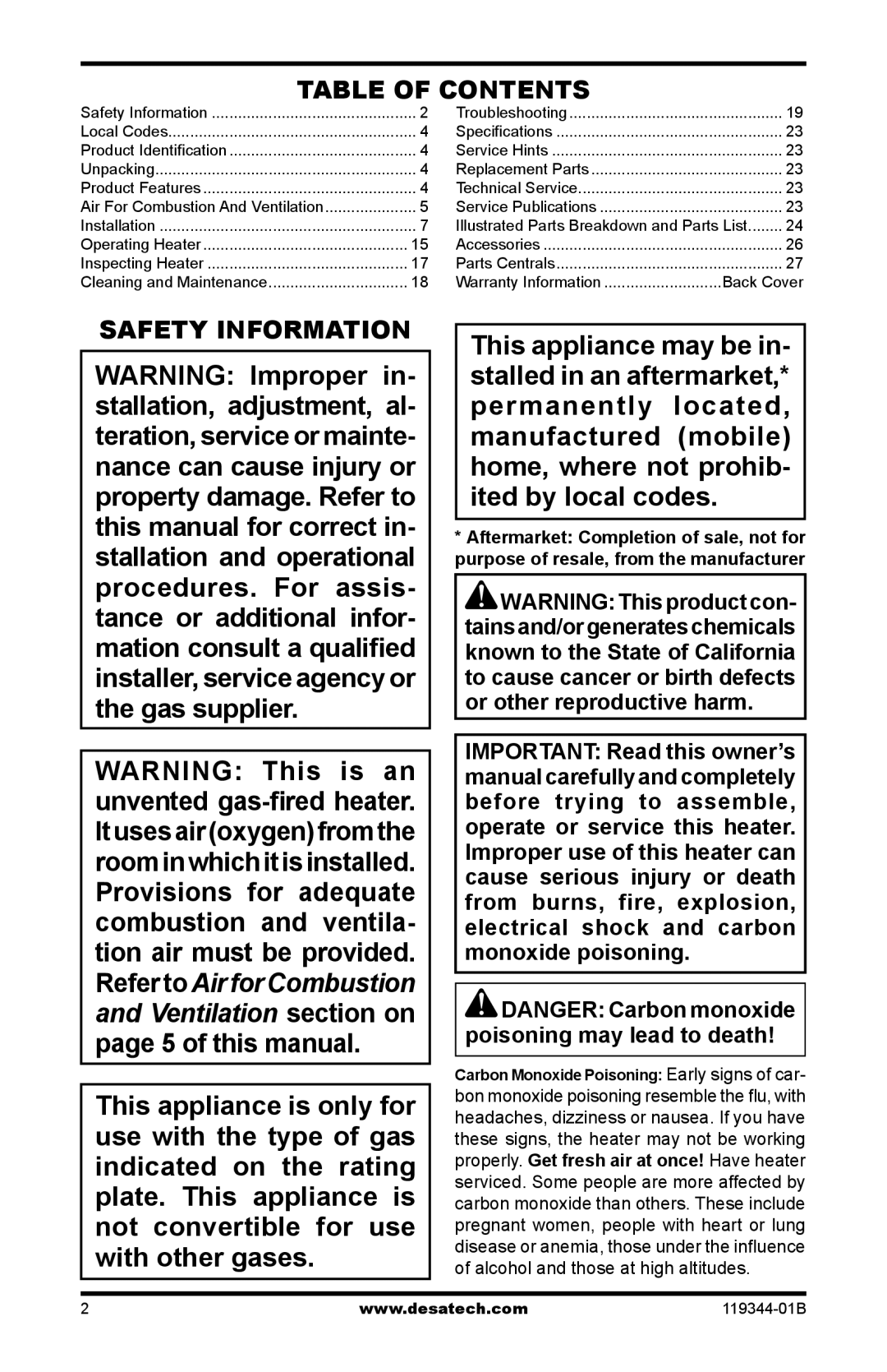 Desa GWN30TA, GWP20TA, GWP30TA, GWN20TA, WMP20A, WMN20A installation manual Table of Contents, Safety Information 