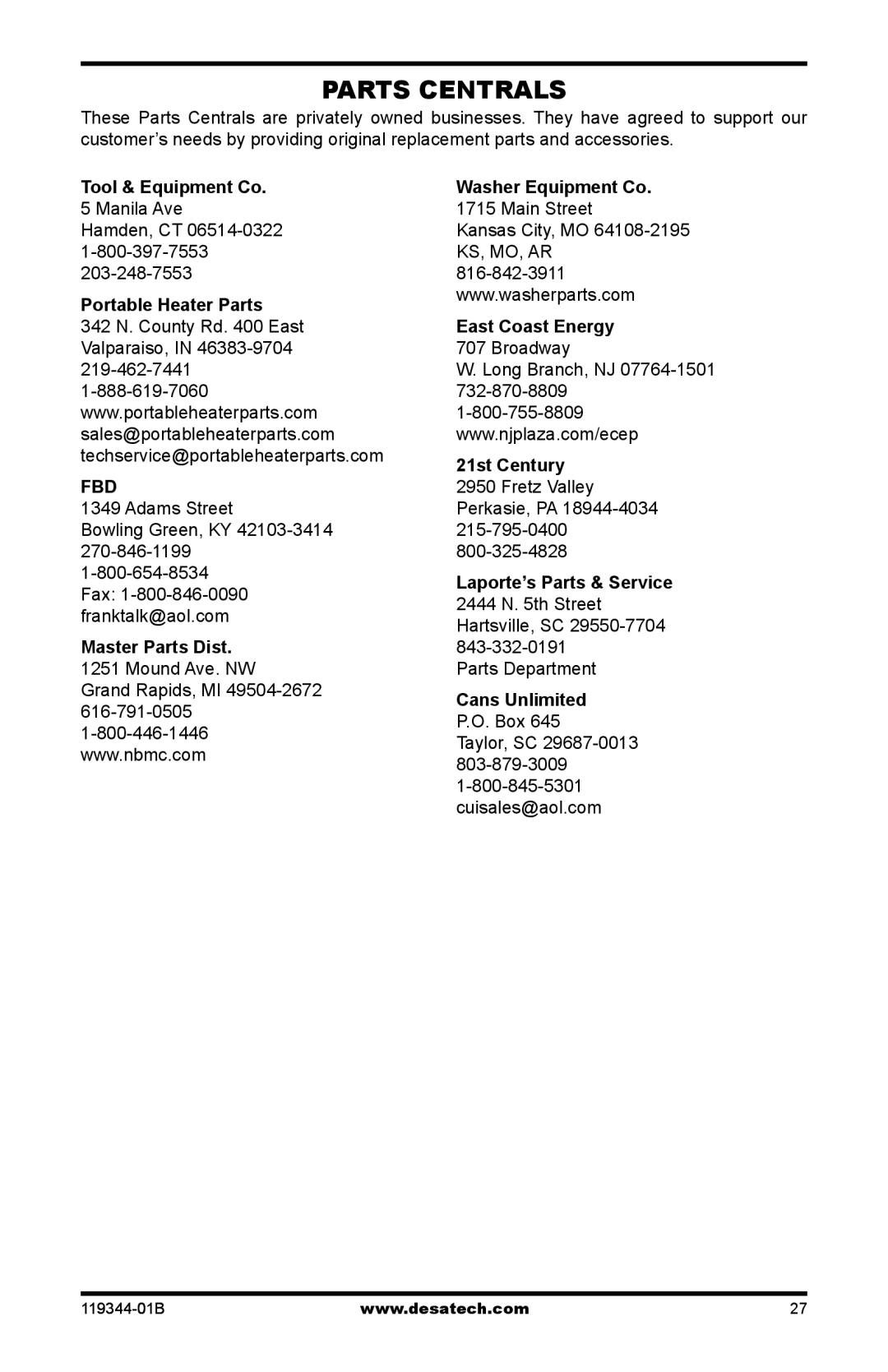 Desa GWN20TA, GWP20TA, GWP30TA, GWN30TA, WMP20A, WMN20A installation manual Parts Centrals 