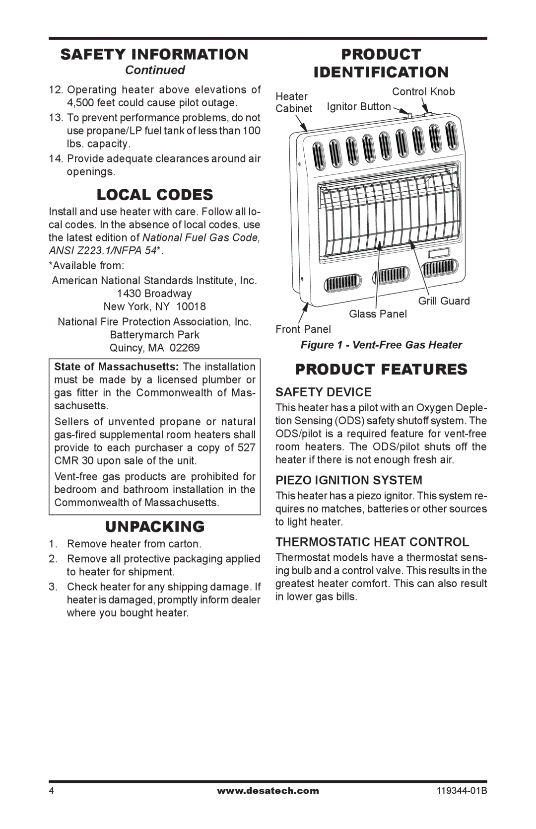 Desa WMP20A, GWP20TA, GWP30TA, GWN30TA Safety Information, Local Codes, Unpacking, Product Identification, Product Features 