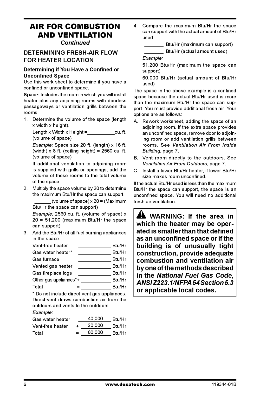 Desa GWP20TA, GWP30TA, GWN30TA, GWN20TA AIR for Combustion Ventilation, Determining FRESH-AIR Flow for Heater Location 