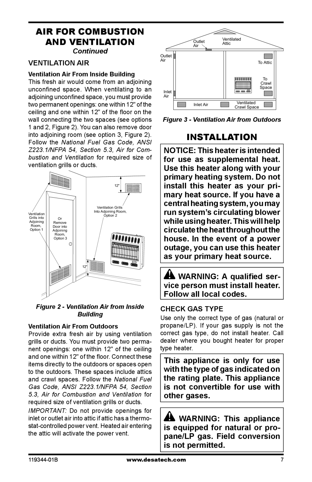 Desa GWP30TA, GWP20TA, GWN30TA, GWN20TA Installation, Ventilation AIR, Check GAS Type, Ventilation Air From Inside Building 