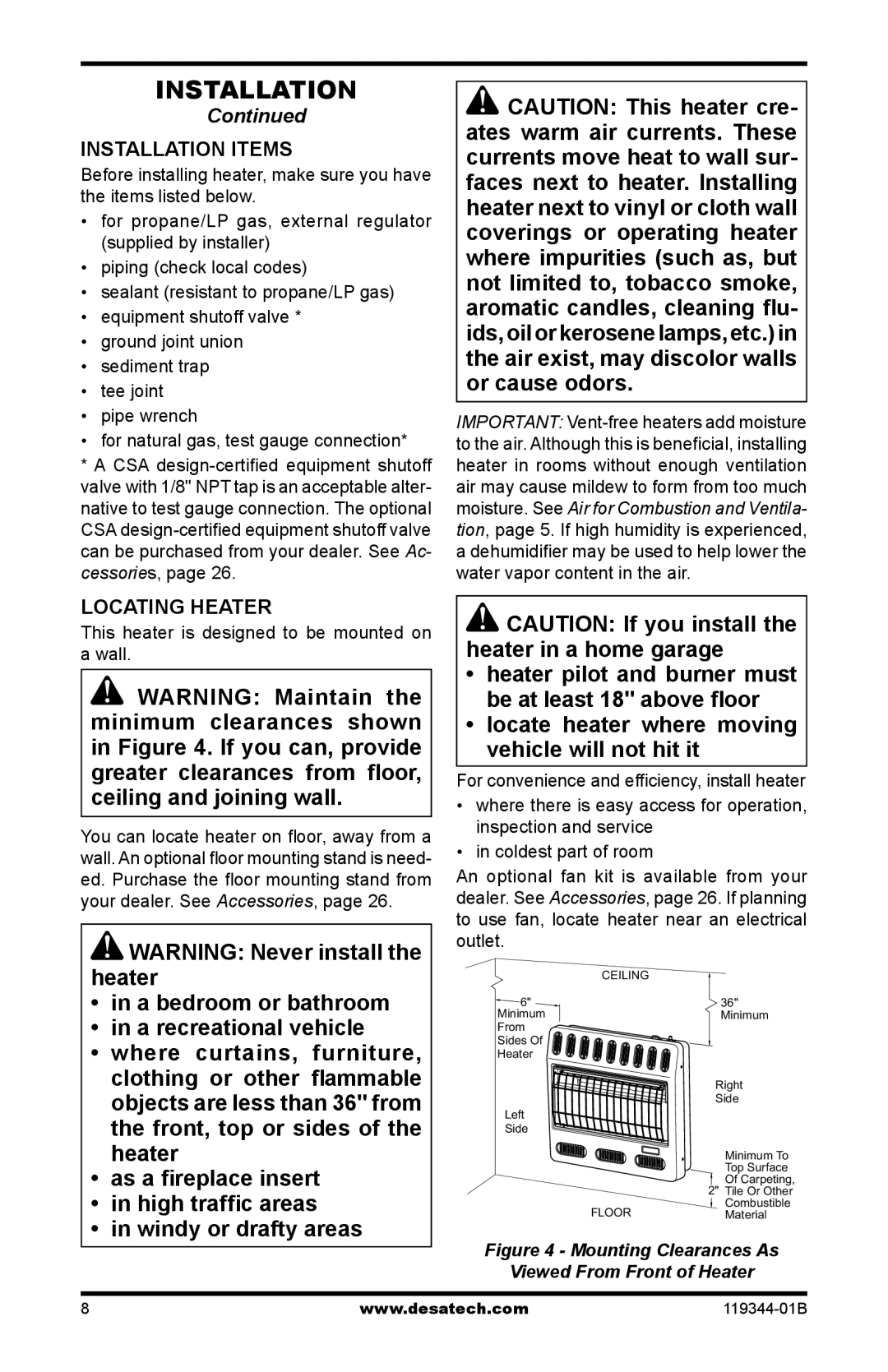 Desa GWN30TA, GWP20TA, GWP30TA Installation Items, Locating Heater, This heater is designed to be mounted on a wall 
