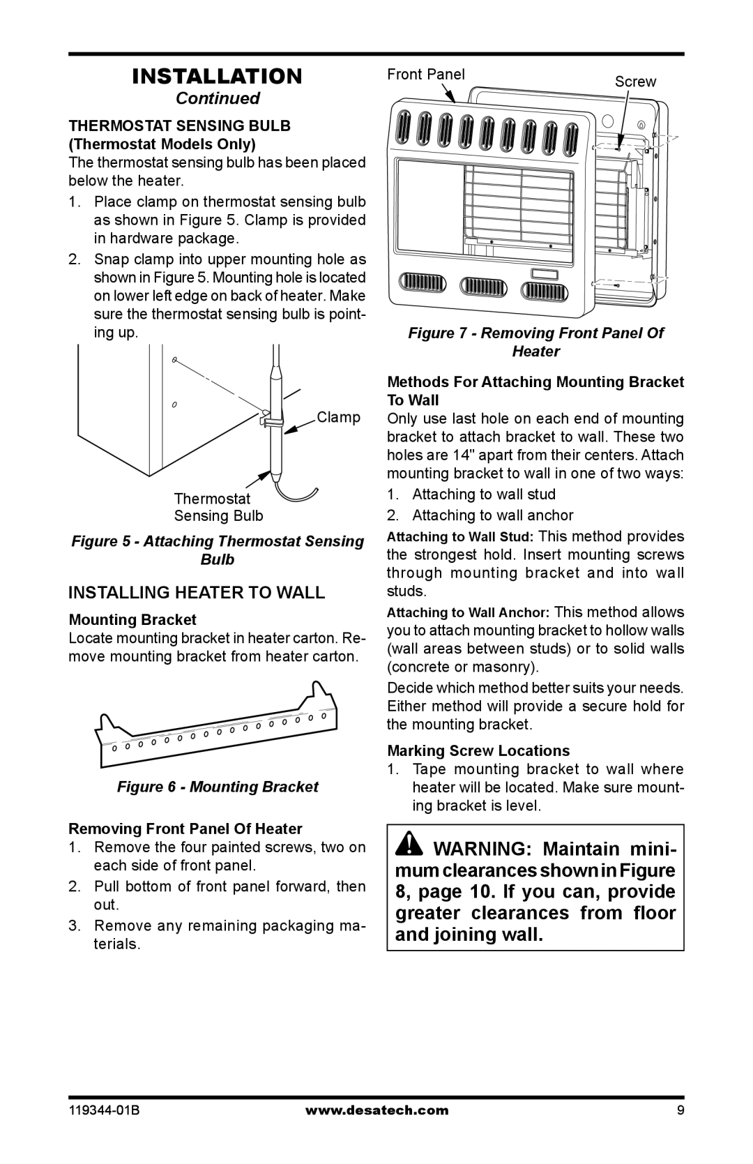 Desa GWN20TA, GWP20TA, GWP30TA, GWN30TA, WMP20A, WMN20A installation manual Installing Heater to Wall 