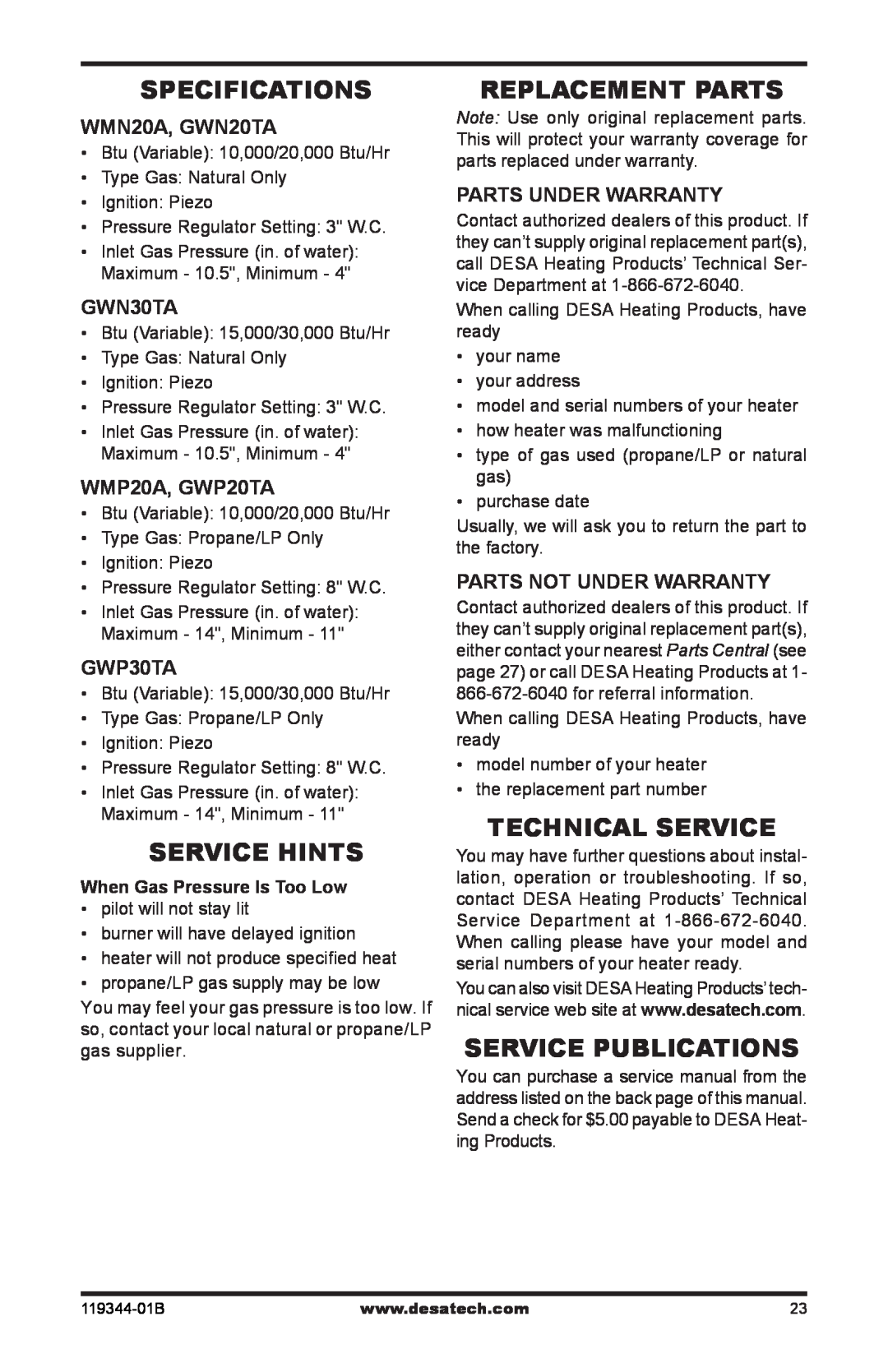 Desa WMP20A Specifications, Service Hints, Replacement Parts, Technical Service, Service Publications, WMN20A, GWN20TA 
