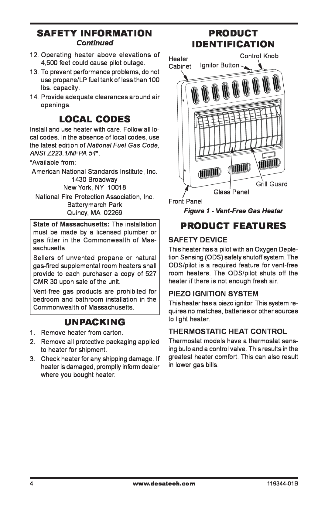 Desa WMP20A Safety Information, Local Codes, Unpacking, Product Identification, Product Features, Continued, Safety Device 