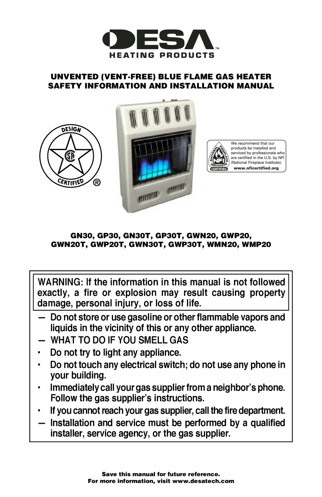 Desa GWP20T, GWP30T, GWN20T, WMN20, GN30T, GP30T, GWN30T installation manual What to do if YOU Smell GAS 