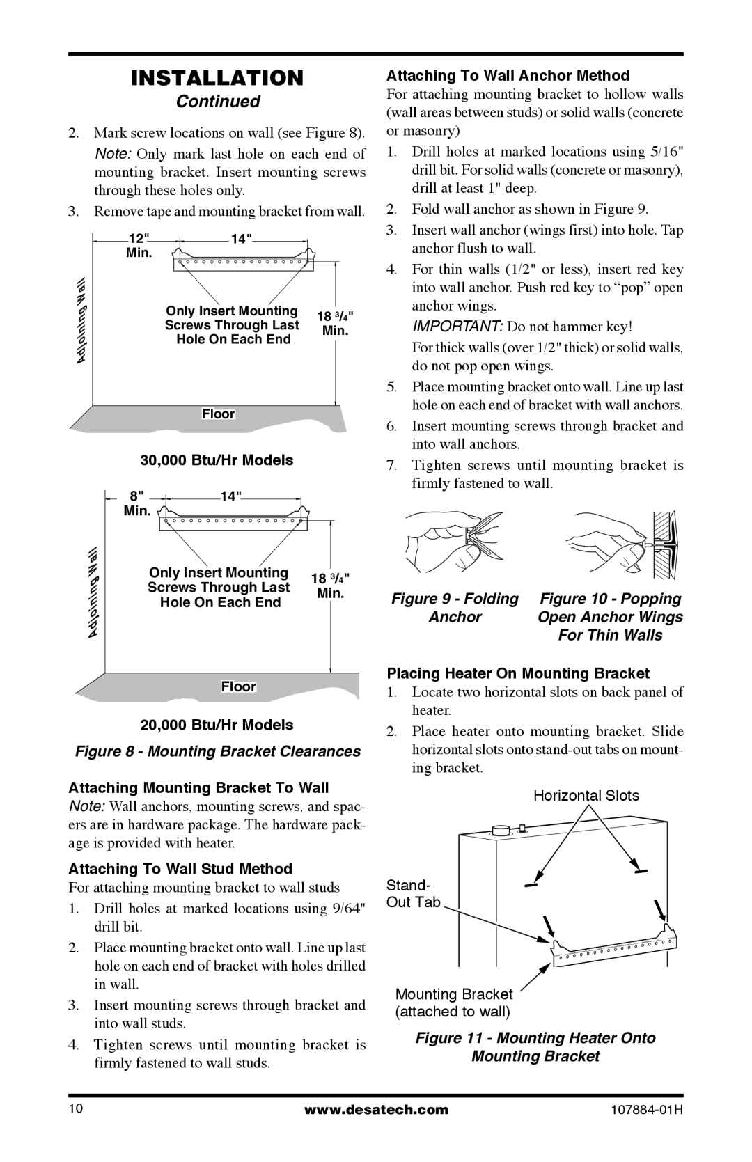 Desa GWP30T, GWP20T, GWN20T, WMN20 20,000 Btu/Hr Models, Attaching To Wall Anchor Method, Placing Heater On Mounting Bracket 