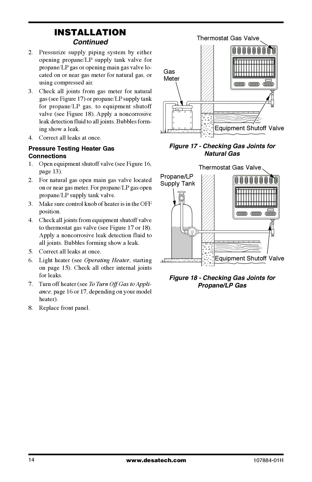 Desa WMN20, GWP30T, GWP20T, GWN20T, GN30T, GP30 Pressure Testing Heater Gas Connections, Open equipment shutoff valve see 