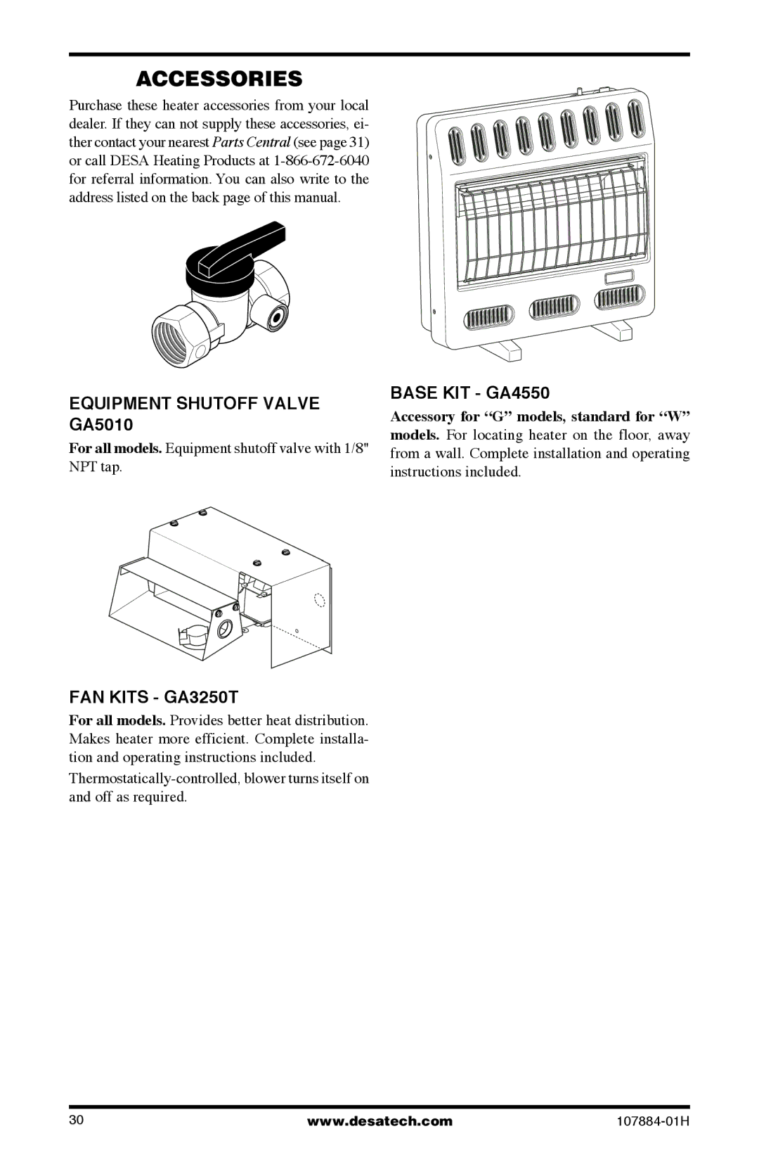 Desa GWP30T, GWP20T, GWN20T, WMN20, GN30T, GP30 Accessories, Equipment Shutoff Valve GA5010, FAN Kits GA3250T, Base KIT GA4550 