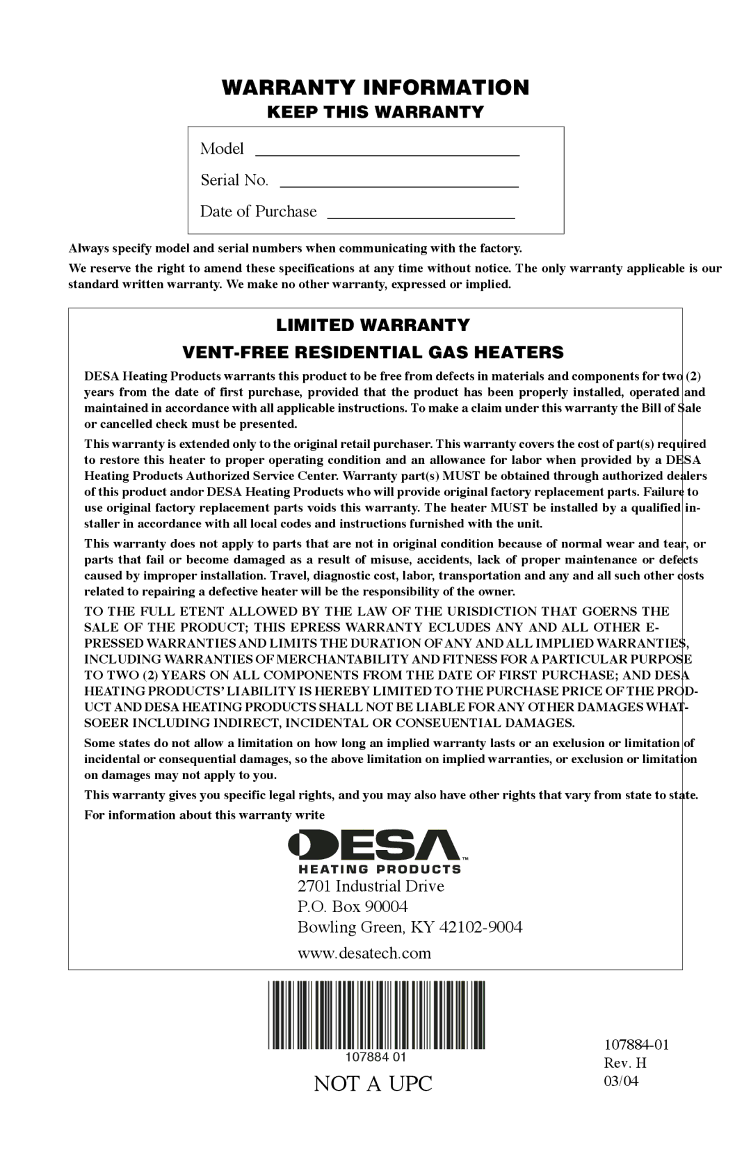 Desa GWP30T, GWP20T, GWN20T Warranty Information, Keep this Warranty, Limited Warranty VENT-FREE Residential GAS Heaters 