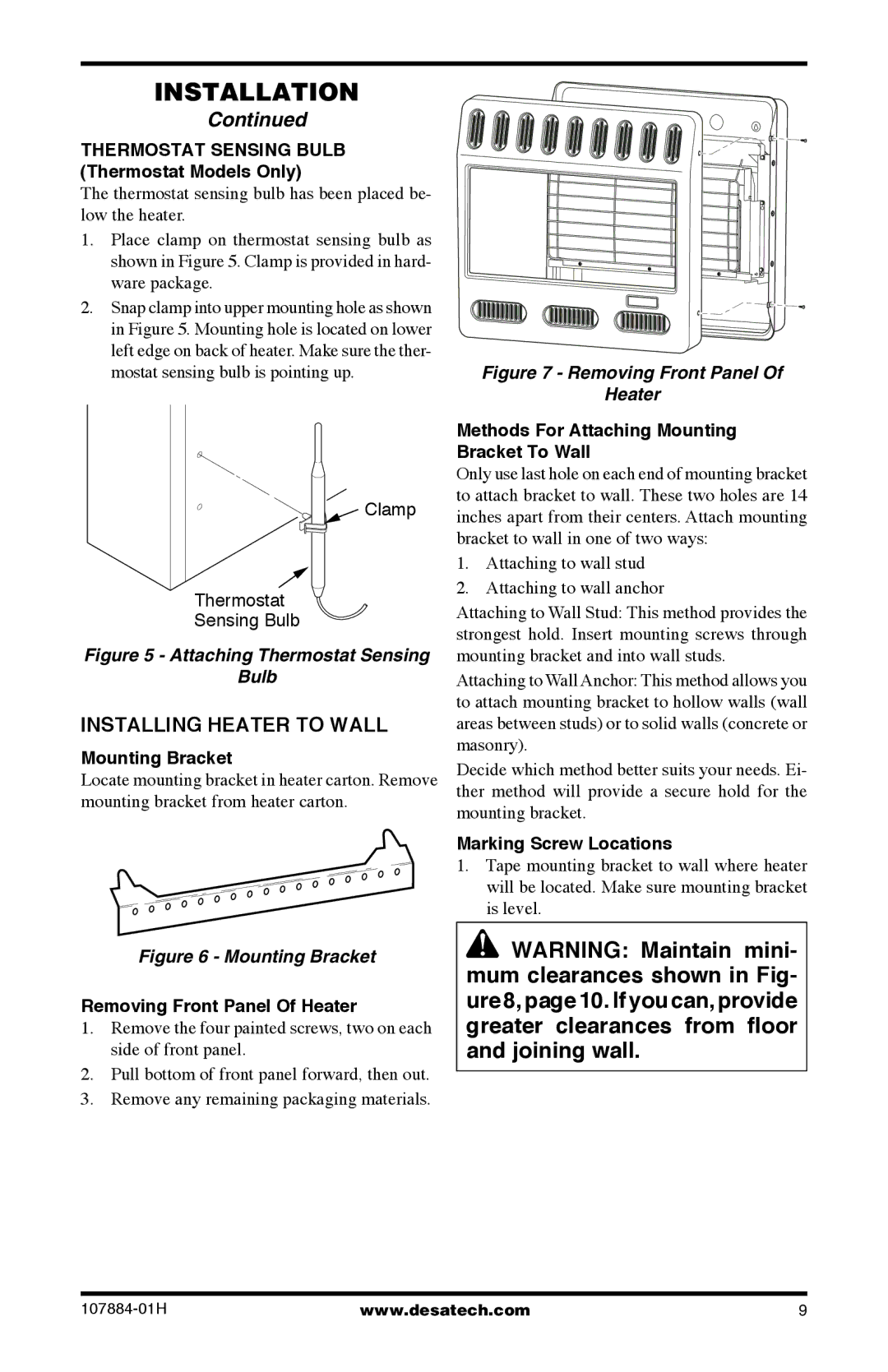 Desa GWN30T, GWP30T, GWP20T, GWN20T, WMN20, GN30T, GP30T installation manual Installing Heater to Wall 