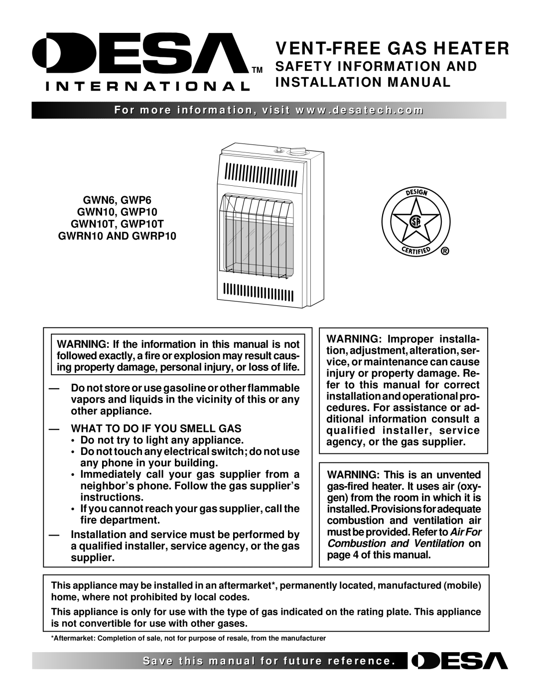 Desa installation manual GWN6, GWP6, GWN10T, GWP10T GWRN10 and GWRP10, What to do if YOU Smell GAS 