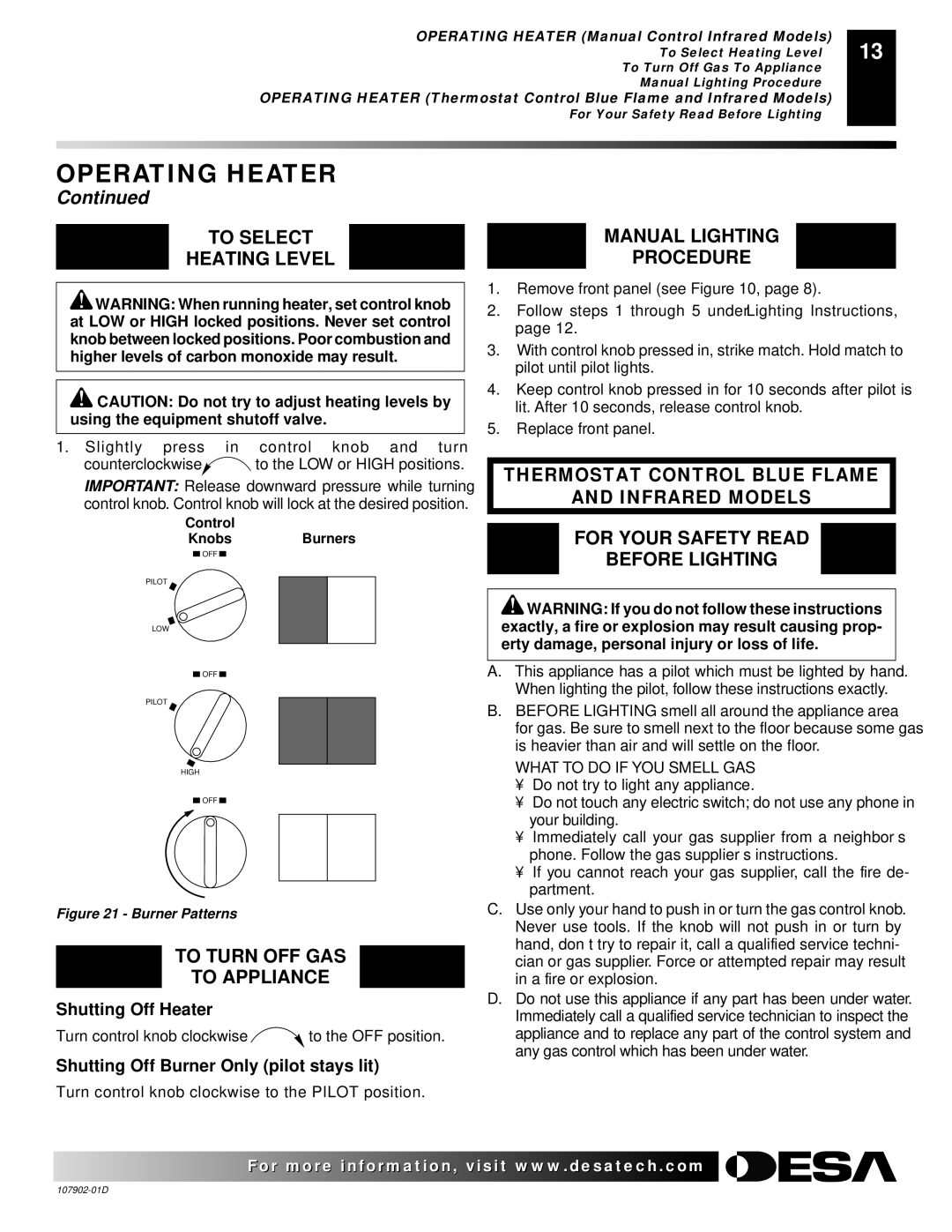 Desa GWP6, GWRN10, GWN6, GWRP10, GWP10T, GWN10T installation manual To Select Heating Level, Burner Patterns 