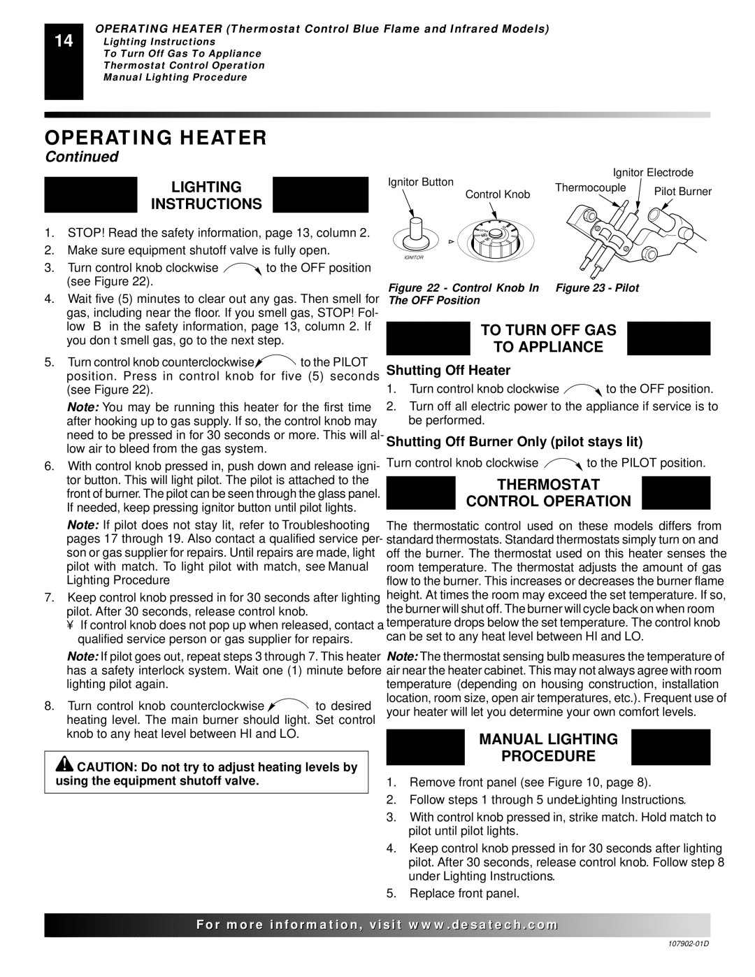 Desa GWN10T, GWRN10, GWN6, GWRP10, GWP10T, GWP6 installation manual Thermostat Control Operation 