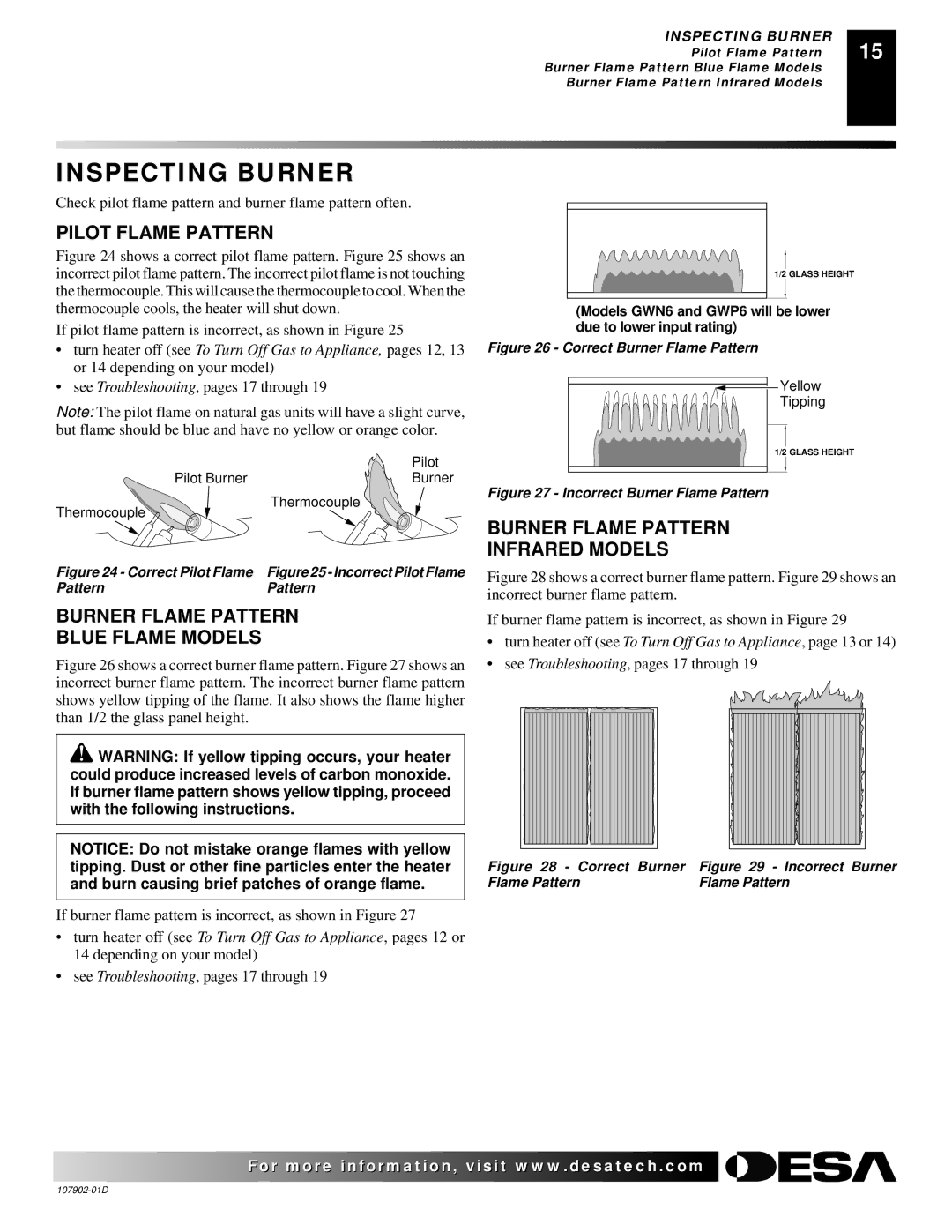 Desa GWRN10, GWN6, GWRP10, GWP10T, GWN10 Inspecting Burner, Pilot Flame Pattern, Burner Flame Pattern Blue Flame Models 