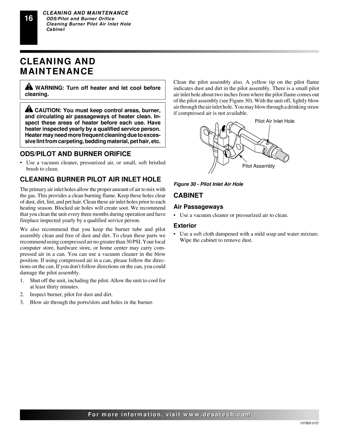 Desa GWRN10, GWN6, GWRP10 Cleaning Maintenance, ODS/PILOT and Burner Orifice, Cleaning Burner Pilot AIR Inlet Hole, Cabinet 