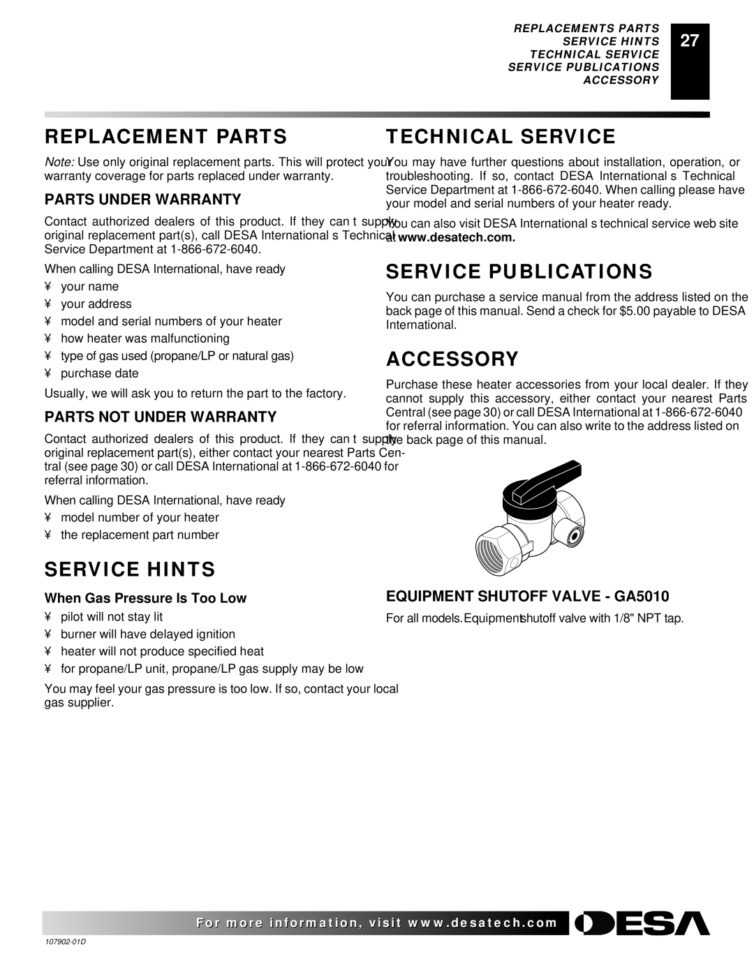 Desa GWP10T, GWRN10, GWN6, GWRP10, GWN10 Replacement Parts, Service Hints, Technical Service, Service Publications Accessory 