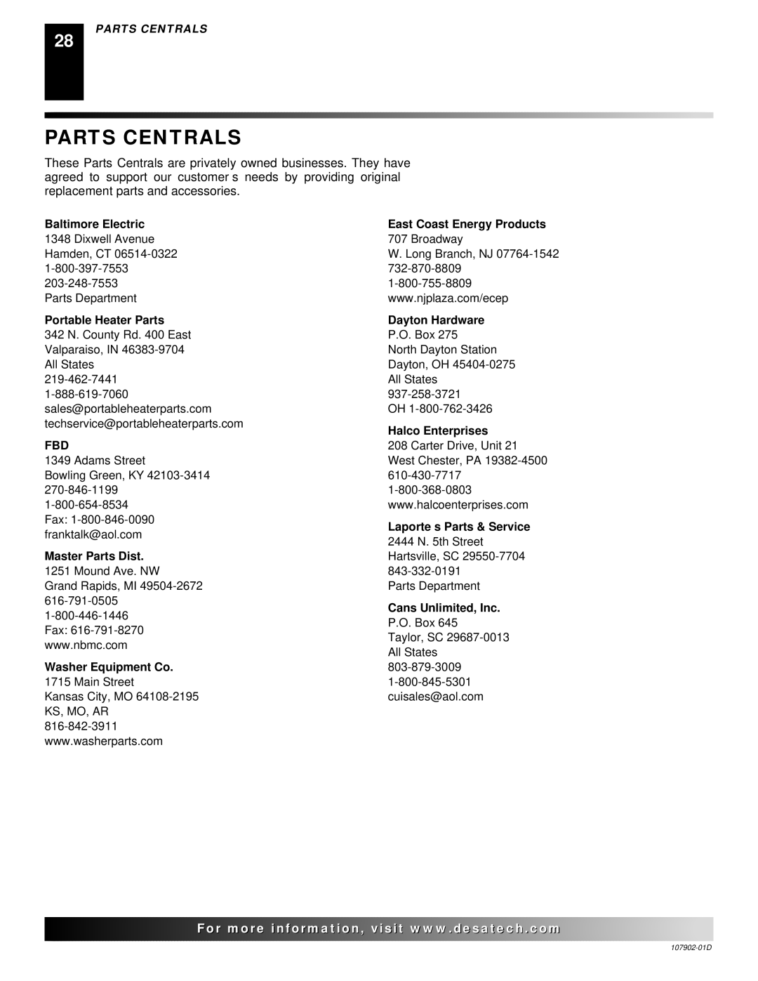 Desa GWRN10, GWN6, GWRP10, GWP10T, GWP6, GWN10T installation manual Parts Centrals, Baltimore Electric 