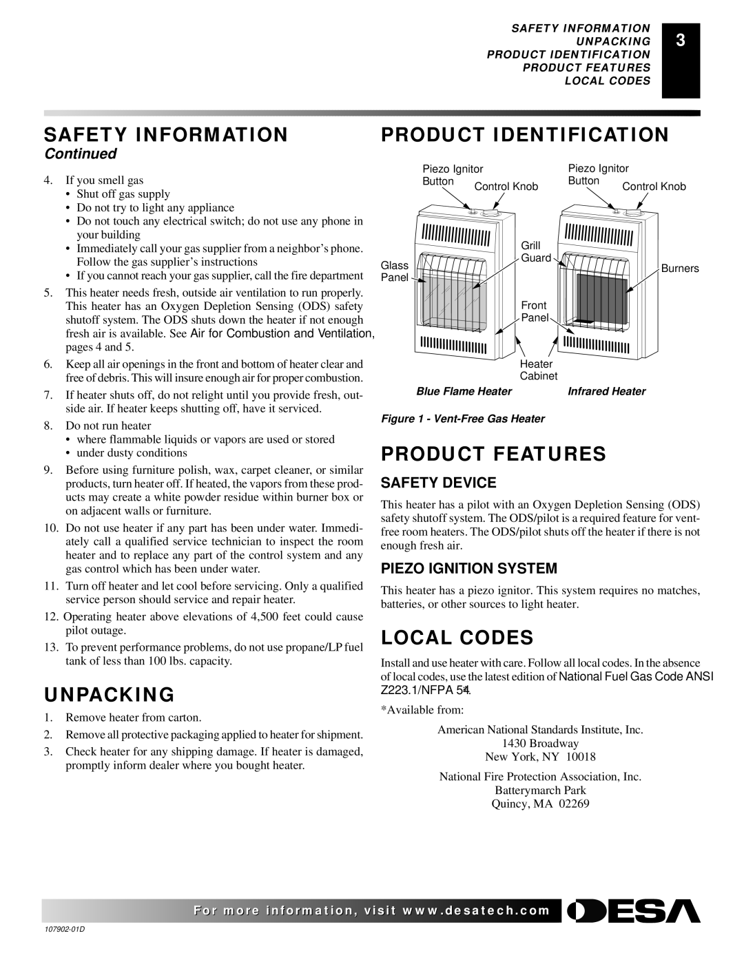 Desa GWP10T, GWRN10, GWN6, GWRP10, GWP6, GWN10T Unpacking, Product Identification, Product Features, Local Codes 