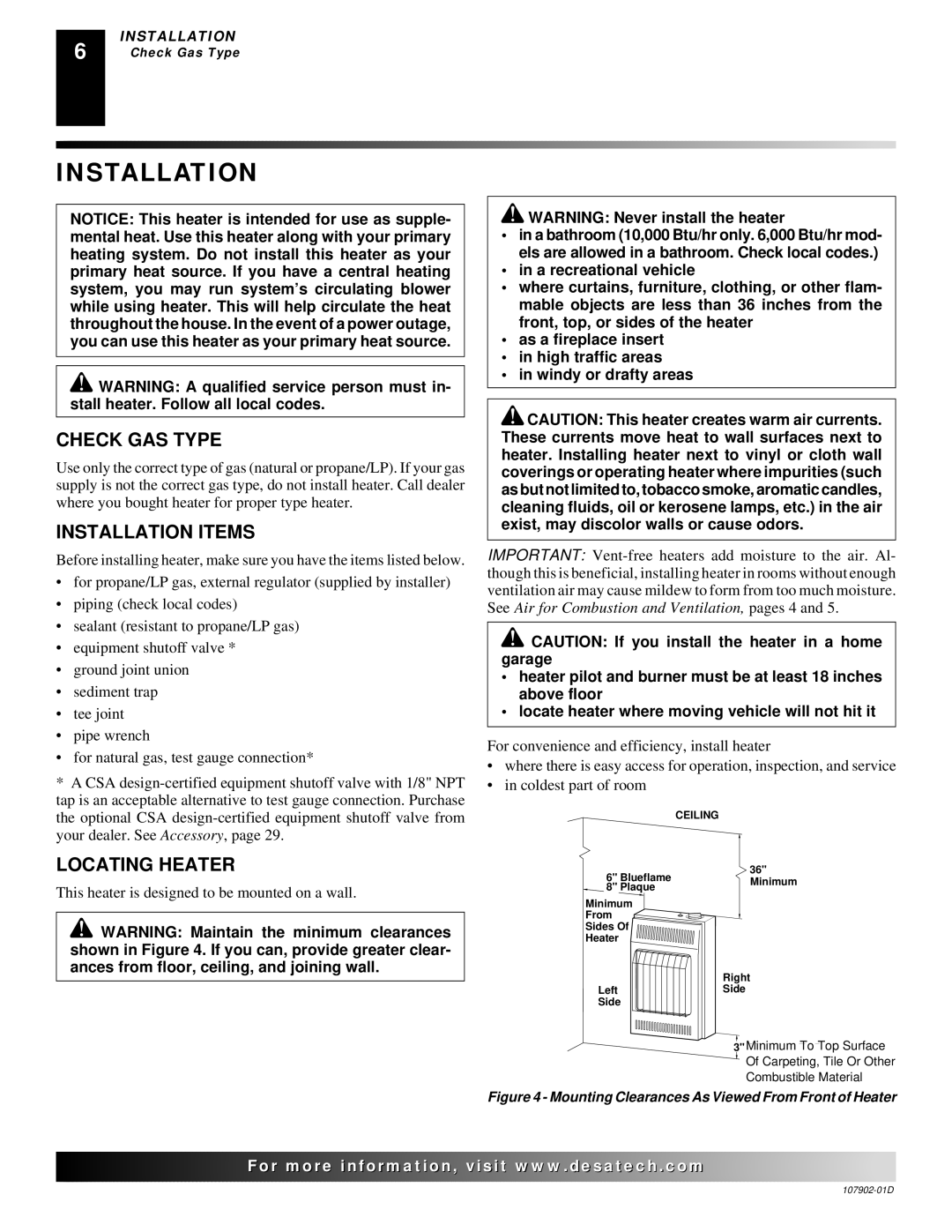 Desa GWN10T, GWRN10, GWN6, GWRP10, GWP10T, GWP6 installation manual Check GAS Type, Installation Items, Locating Heater 