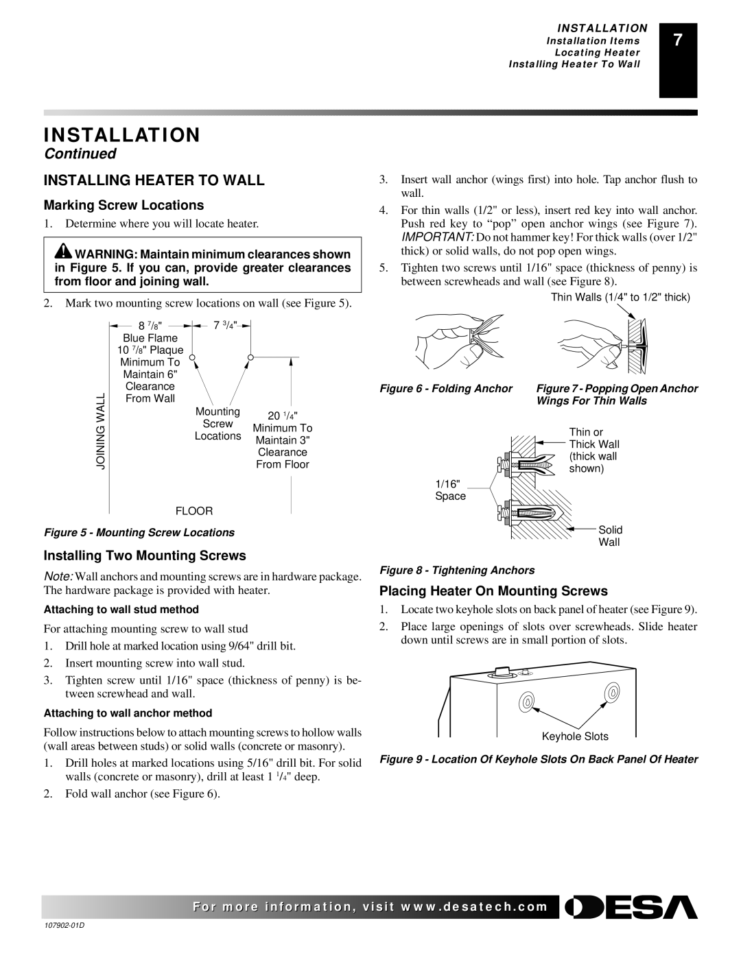 Desa GWRN10, GWN6, GWRP10, GWP10T, GWP6 Installing Heater to Wall, Marking Screw Locations, Installing Two Mounting Screws 