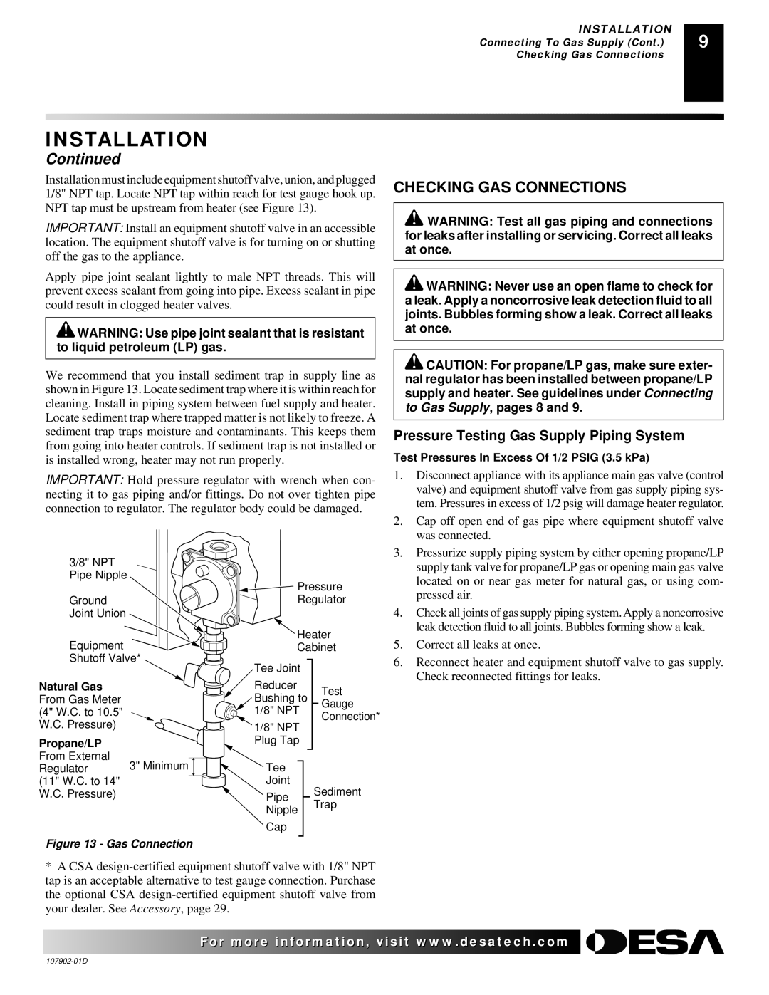 Desa GWN6, GWRN10, GWRP10, GWP10T, GWP6, GWN10T Checking GAS Connections, Pressure Testing Gas Supply Piping System 