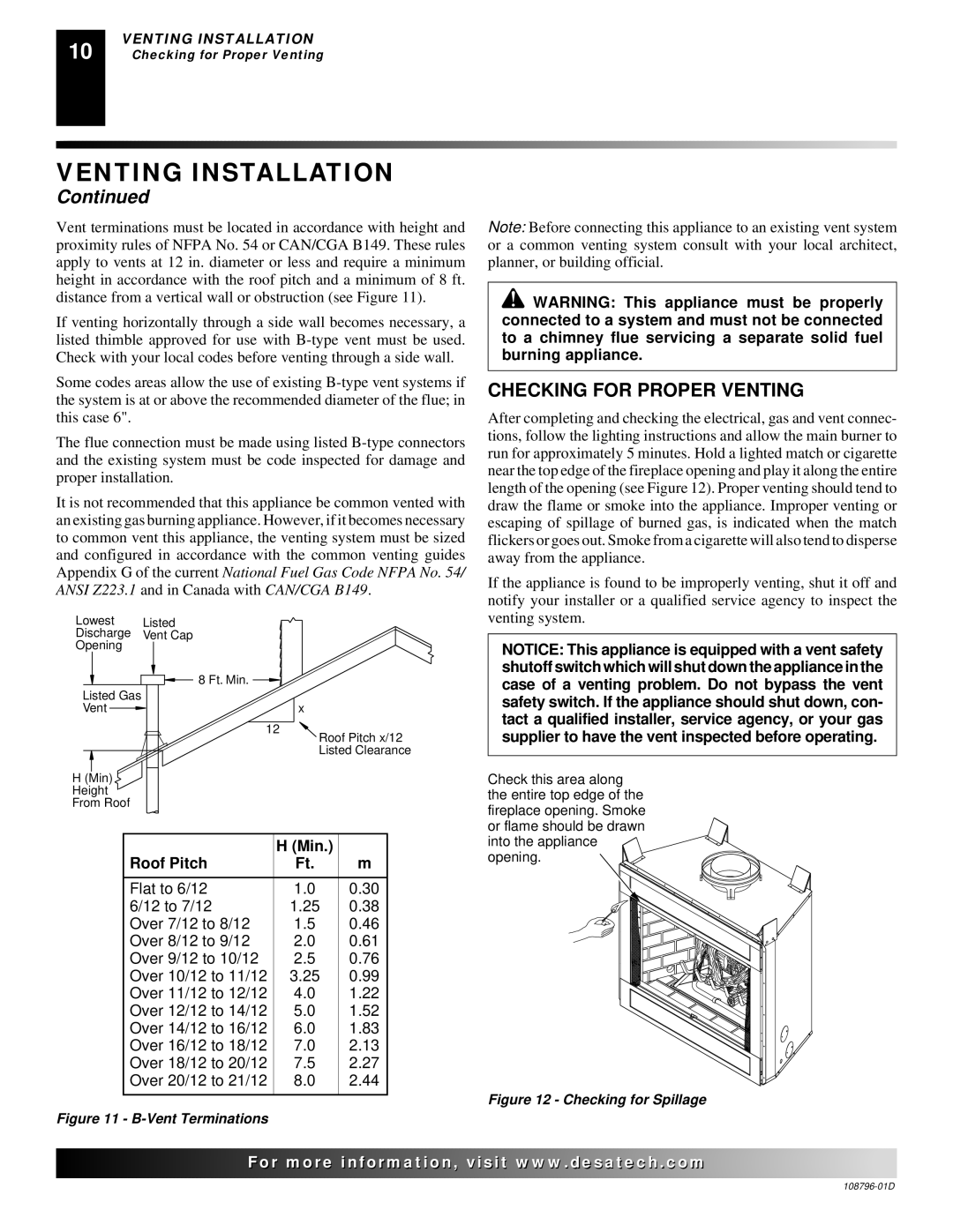 Desa H) AND VM42E(B, M36E, M42E, VM36E, VM42E installation manual Checking for Proper Venting, Min Roof Pitch 