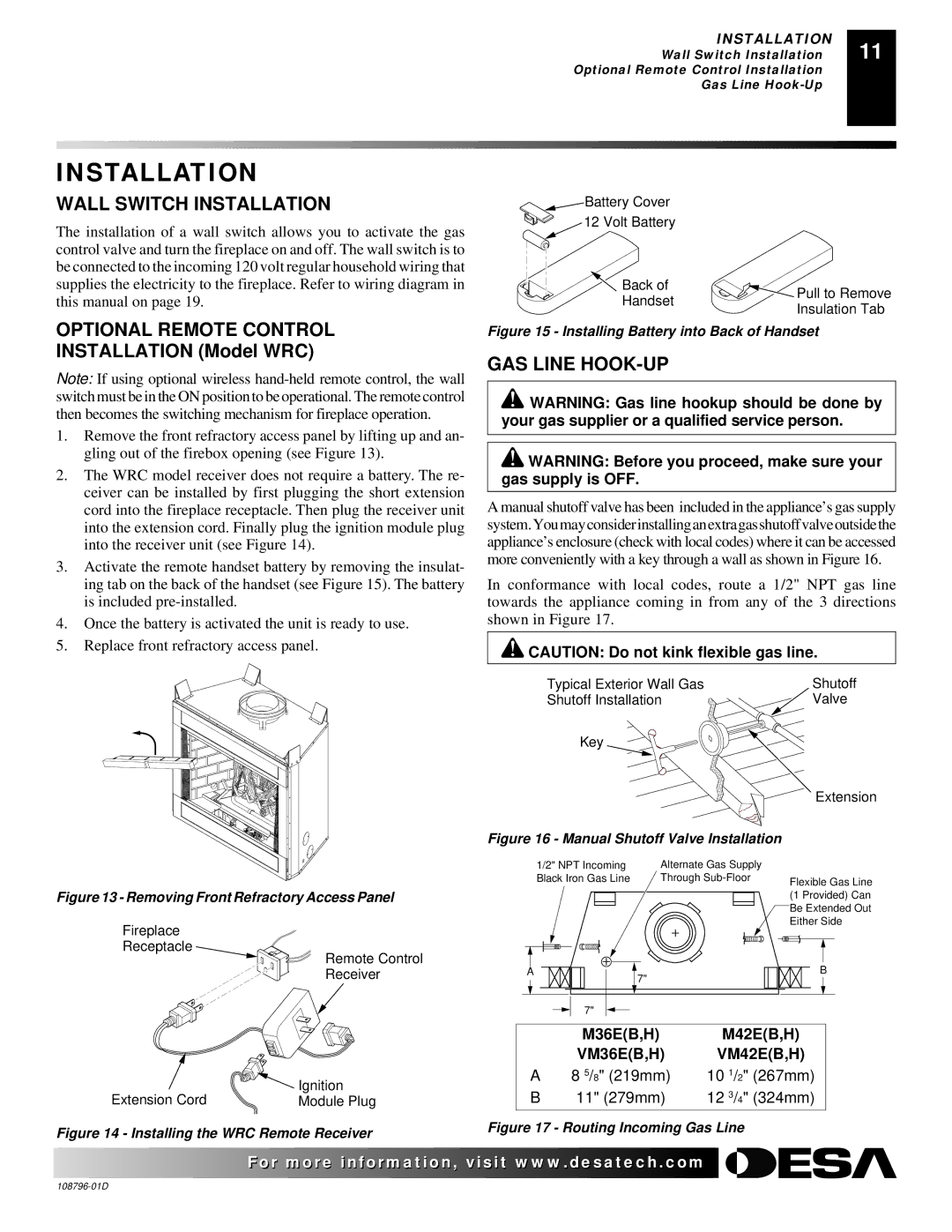 Desa M36E, M42E, VM36E, VM42E, H) AND VM42E(B Wall Switch Installation, Optional Remote Control, GAS Line HOOK-UP 