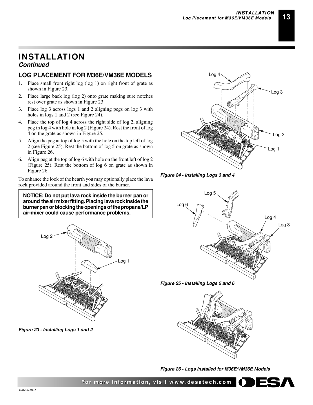 Desa M36E, M42E, VM36E, VM42E, H) AND VM42E(B installation manual LOG Placement for M36E/VM36E Models, Installing Logs 1 