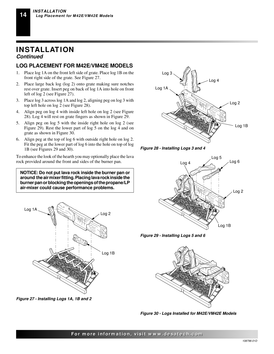 Desa H) AND VM42E(B, M36E, M42E, VM36E, VM42E LOG Placement for M42E/VM42E Models, Installing Logs 1A, 1B 