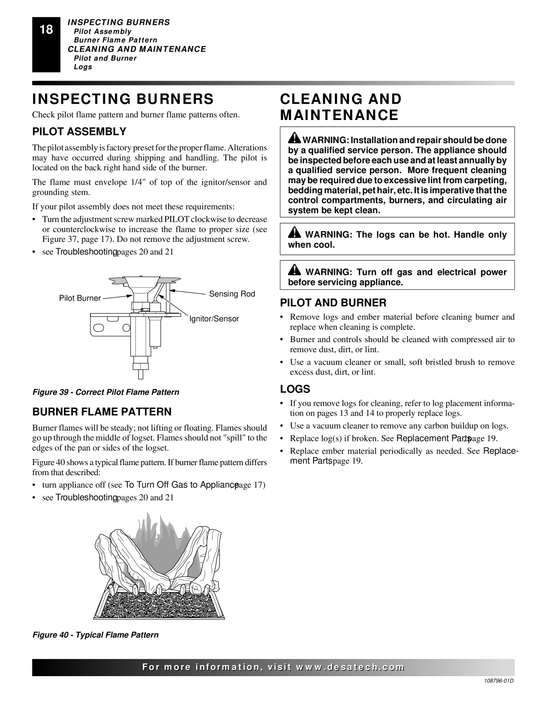 Desa H) AND VM42E(B, M36E, M42E, VM36E, VM42E installation manual Inspecting Burners, Cleaning Maintenance 