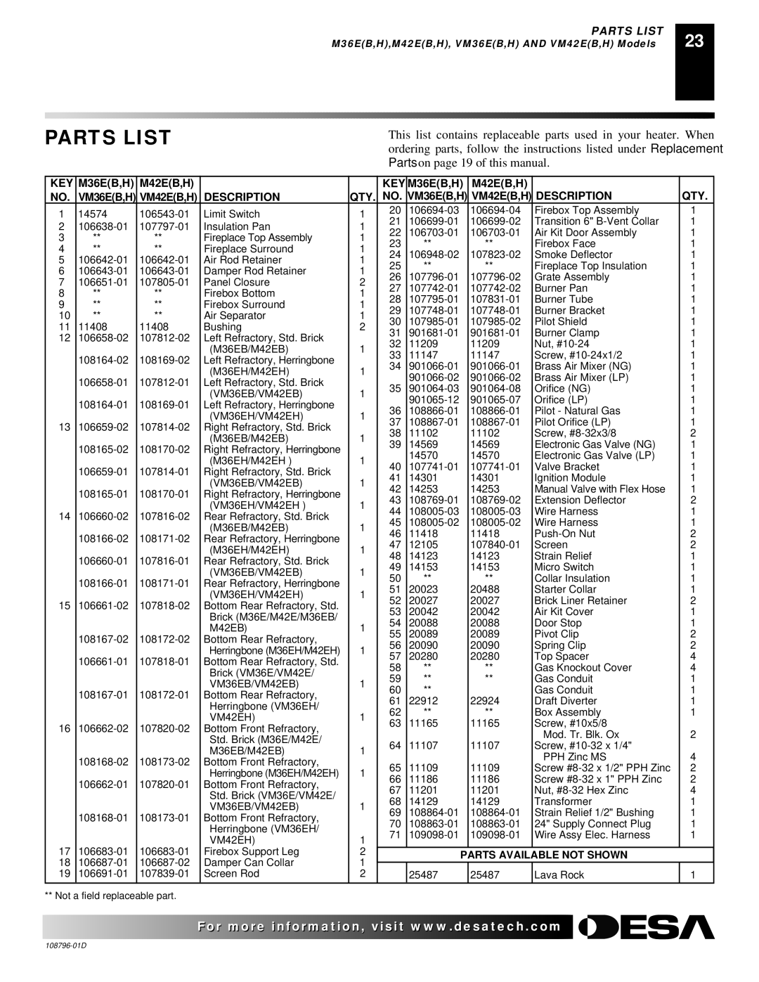 Desa M36E, M42E, VM36E, VM42E, H) AND VM42E(B installation manual Parts List, VM36EB/VM42EB 